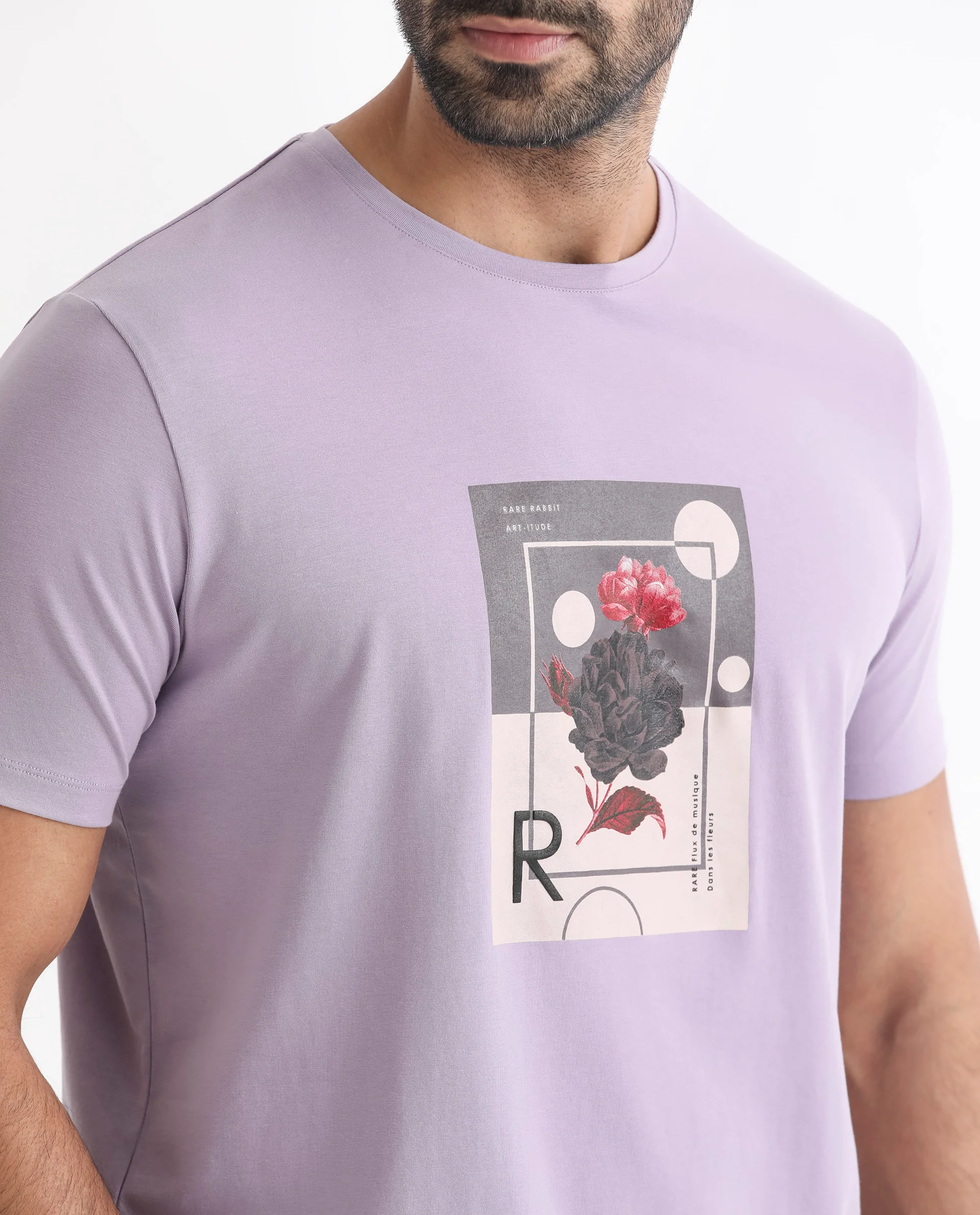 Rare Rabbit Men's Dryden Light Purple Cotton Graphic Print Slim Fit Half Sleeve Crew Neck T-Shirt - Image 4