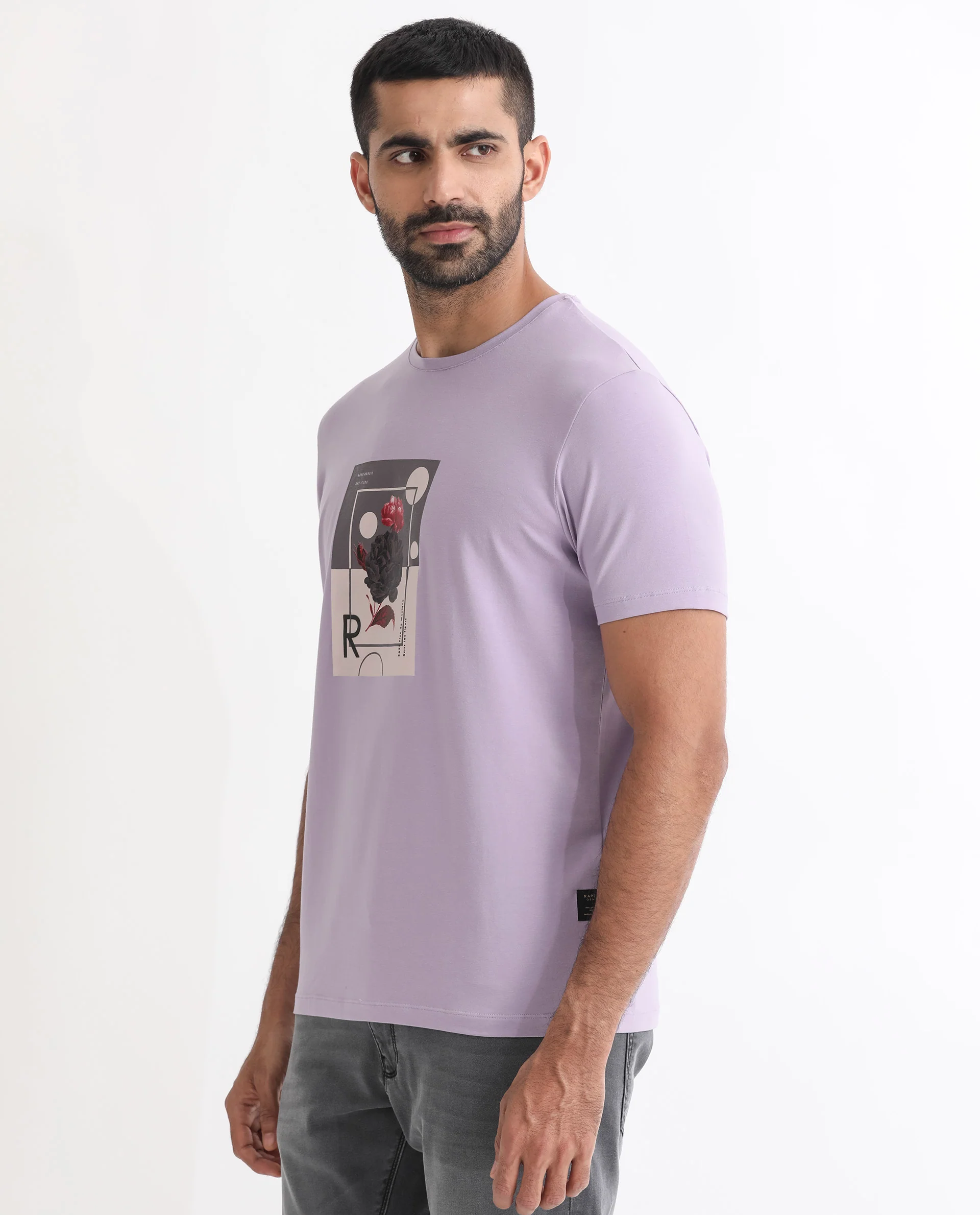 Rare Rabbit Men's Dryden Light Purple Cotton Graphic Print Slim Fit Half Sleeve Crew Neck T-Shirt - Image 5