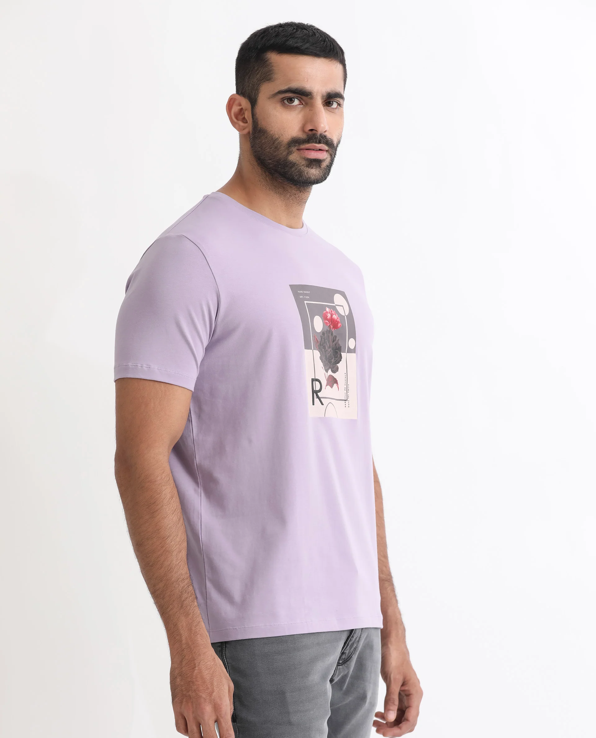 Rare Rabbit Men's Dryden Light Purple Cotton Graphic Print Slim Fit Half Sleeve Crew Neck T-Shirt - Image 6