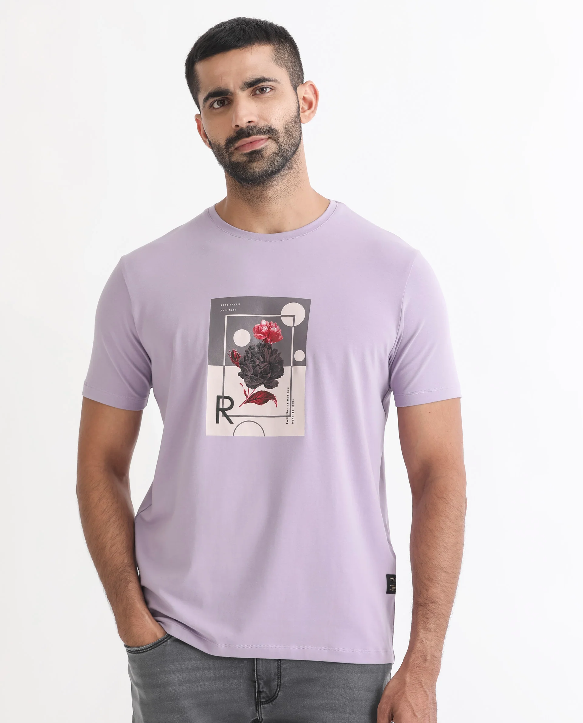 Rare Rabbit Men's Dryden Light Purple Cotton Graphic Print Slim Fit Half Sleeve Crew Neck T-Shirt - Image 7