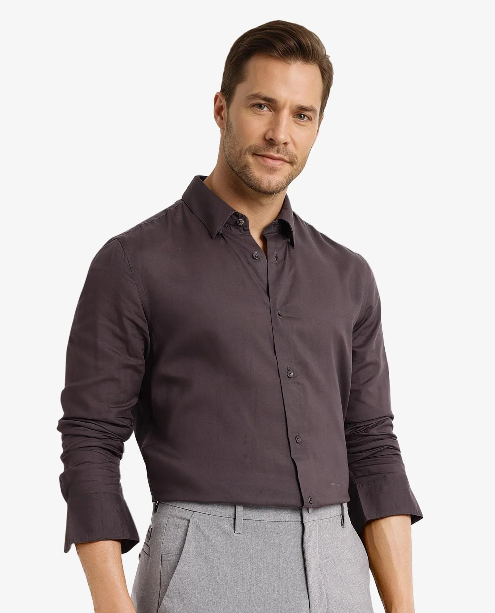 Rare Rabbit Men's Dub Grey Cotton Plain Regular Fit Full Sleeve Collared Shirt - Image 5