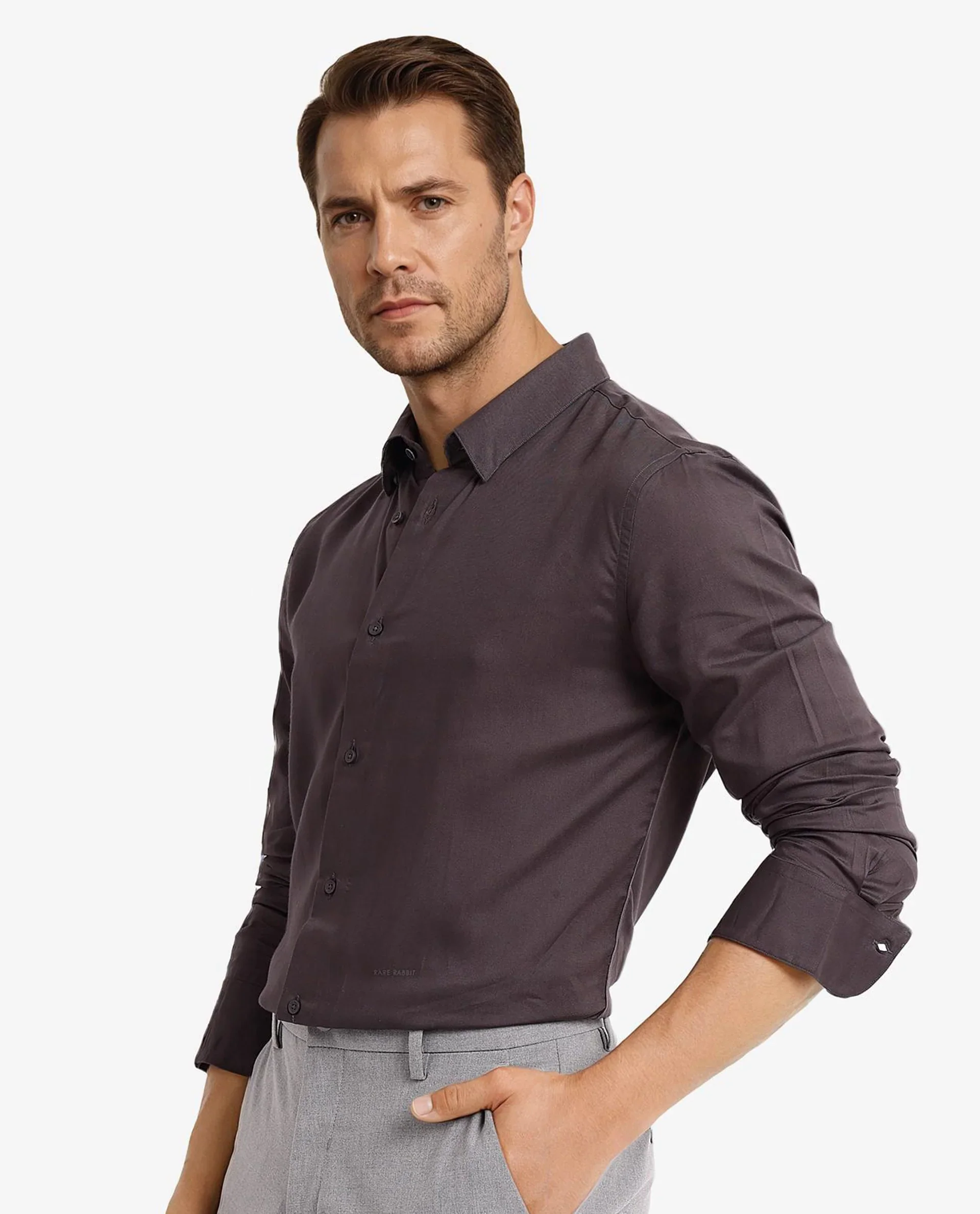 Rare Rabbit Men's Dub Grey Cotton Plain Regular Fit Full Sleeve Collared Shirt - Image 6