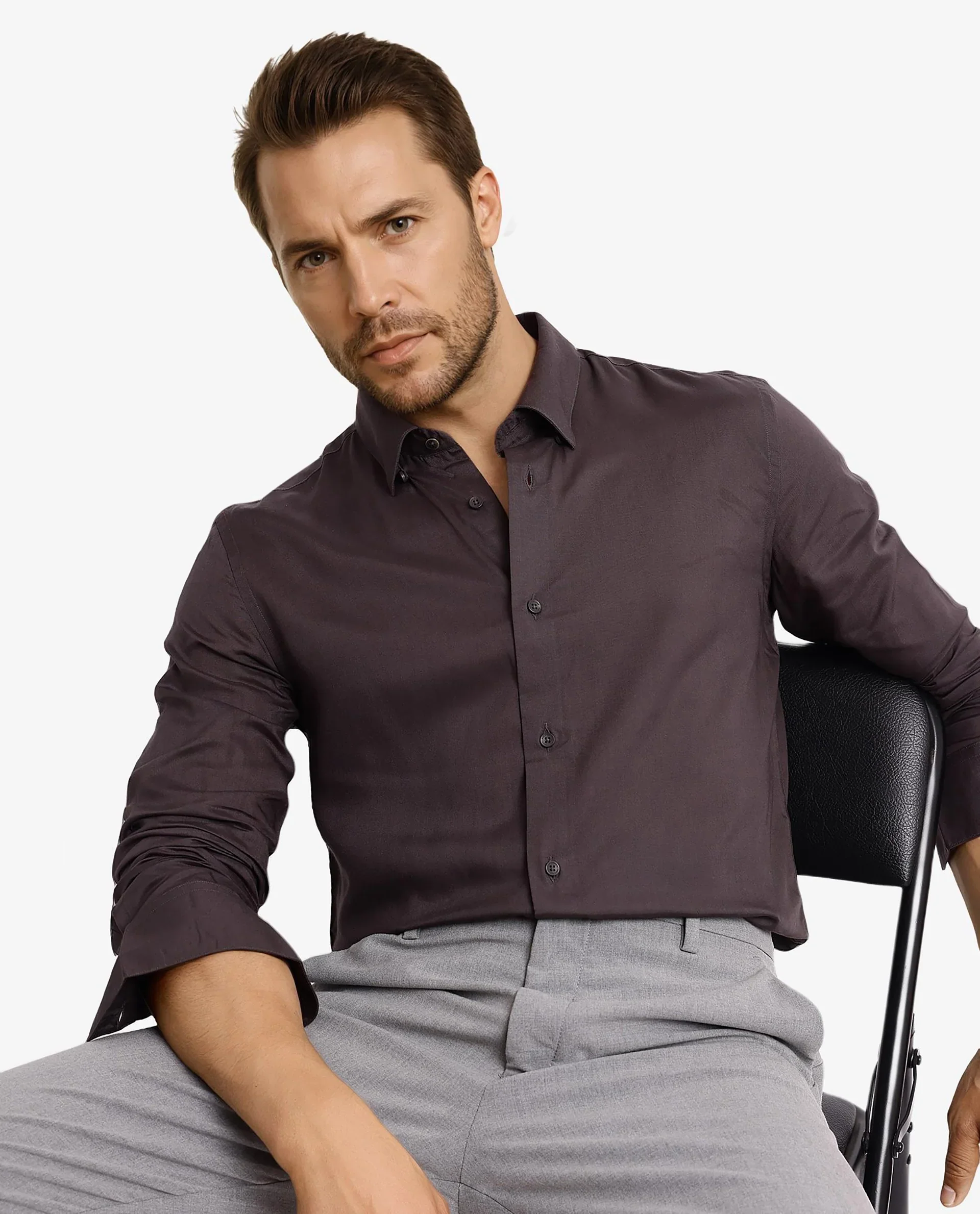 Rare Rabbit Men's Dub Grey Cotton Plain Regular Fit Full Sleeve Collared Shirt - Image 7