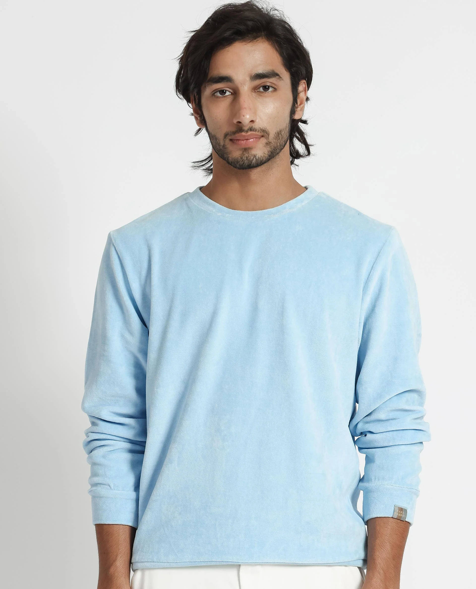 Rare Rabbit Men's Dube Blue Velvet Plain Relaxed Fit Full Sleeve Crew Neck Sweatshirt