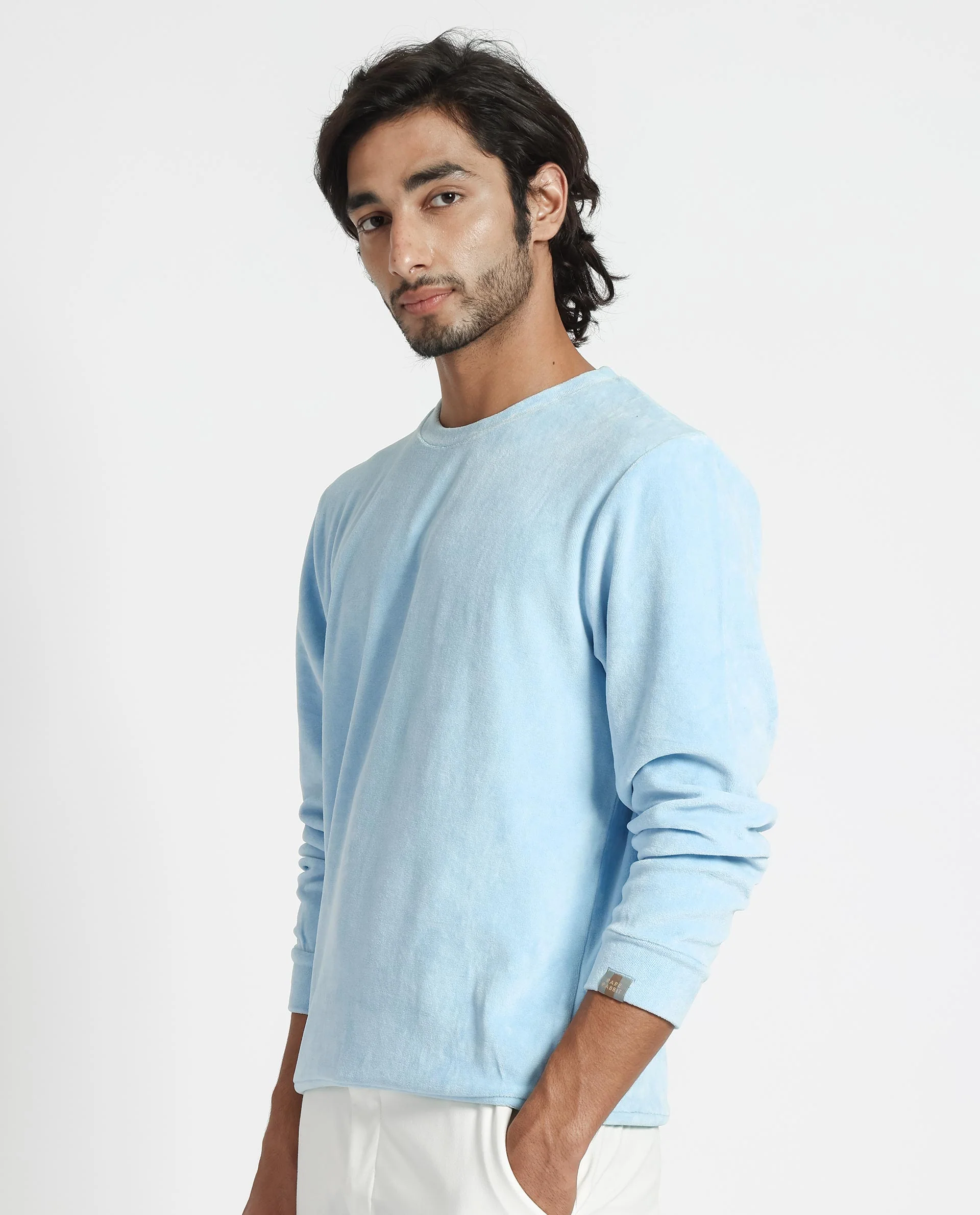 Rare Rabbit Men's Dube Blue Velvet Plain Relaxed Fit Full Sleeve Crew Neck Sweatshirt - Image 5