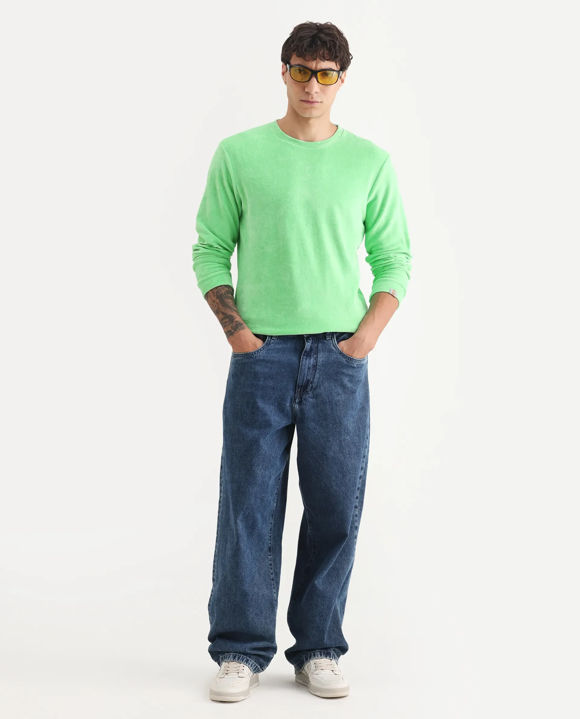 Rare Rabbit Men's Dube Green Velvet Plain Relaxed Fit Full Sleeve Crew Neck Sweatshirt - Image 2