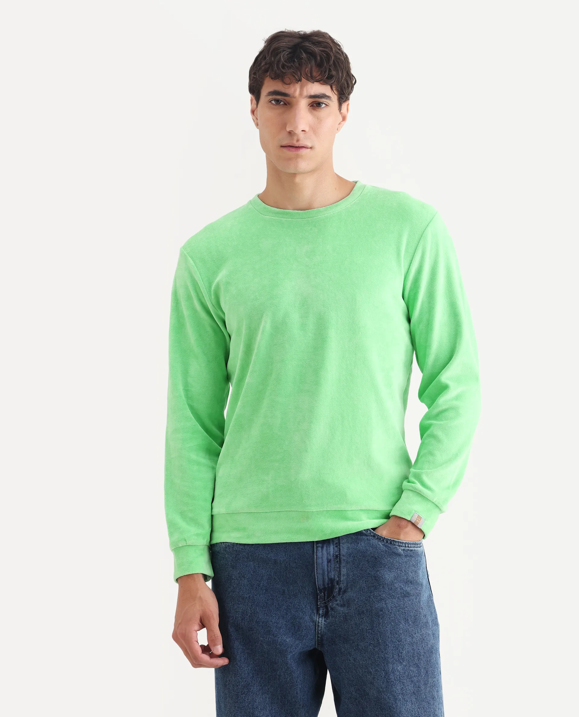 Rare Rabbit Men's Dube Green Velvet Plain Relaxed Fit Full Sleeve Crew Neck Sweatshirt - Image 3