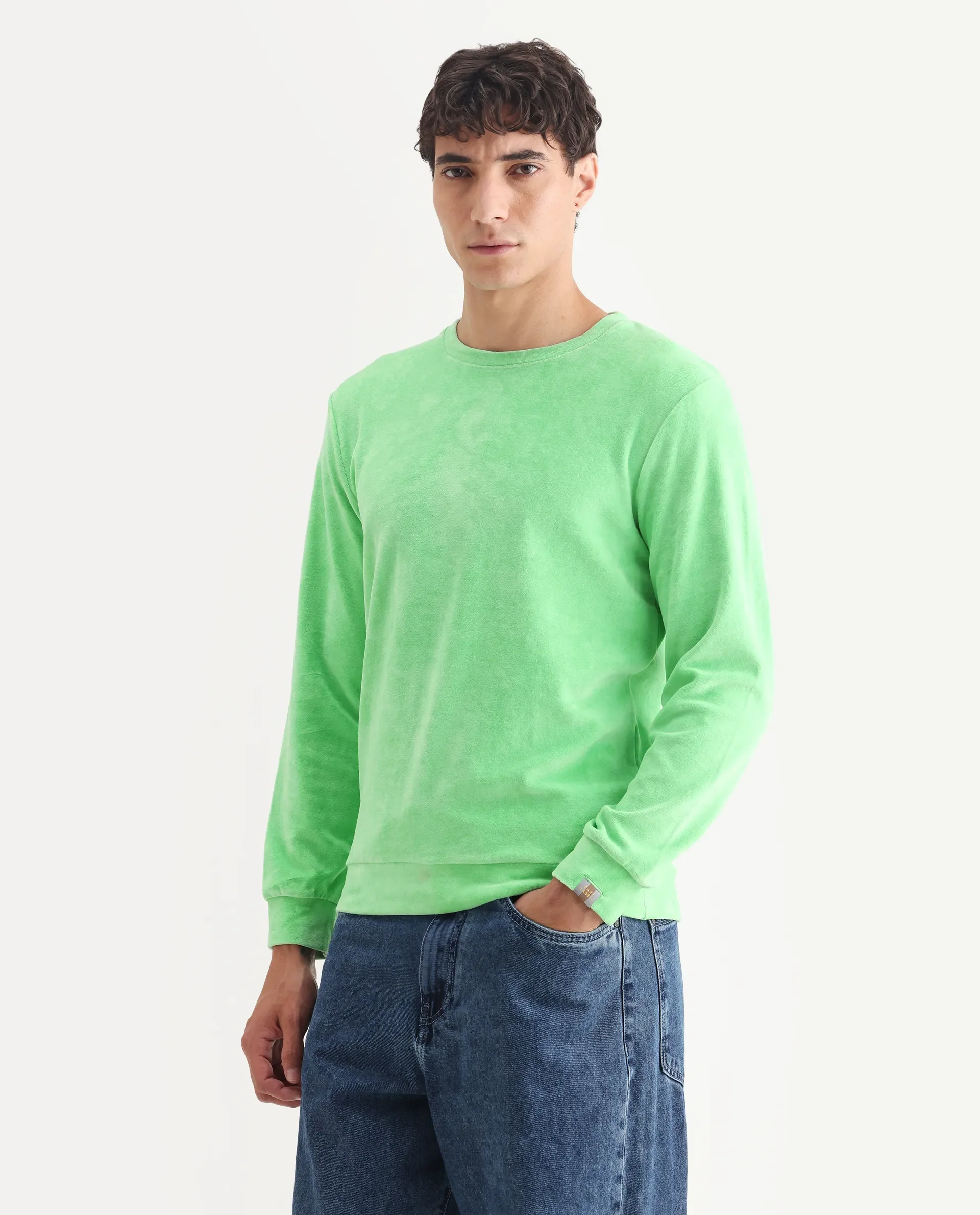 Rare Rabbit Men's Dube Green Velvet Plain Relaxed Fit Full Sleeve Crew Neck Sweatshirt - Image 5