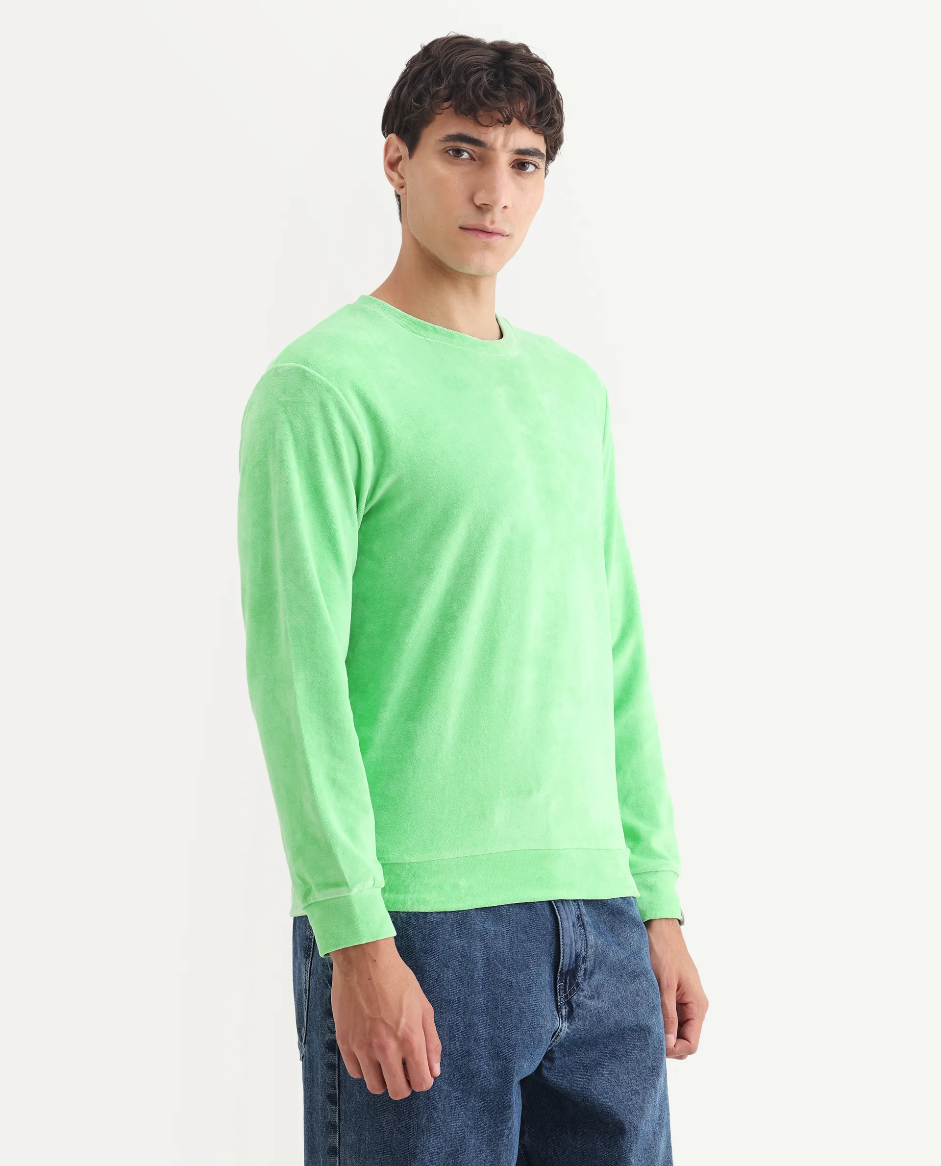 Rare Rabbit Men's Dube Green Velvet Plain Relaxed Fit Full Sleeve Crew Neck Sweatshirt - Image 6