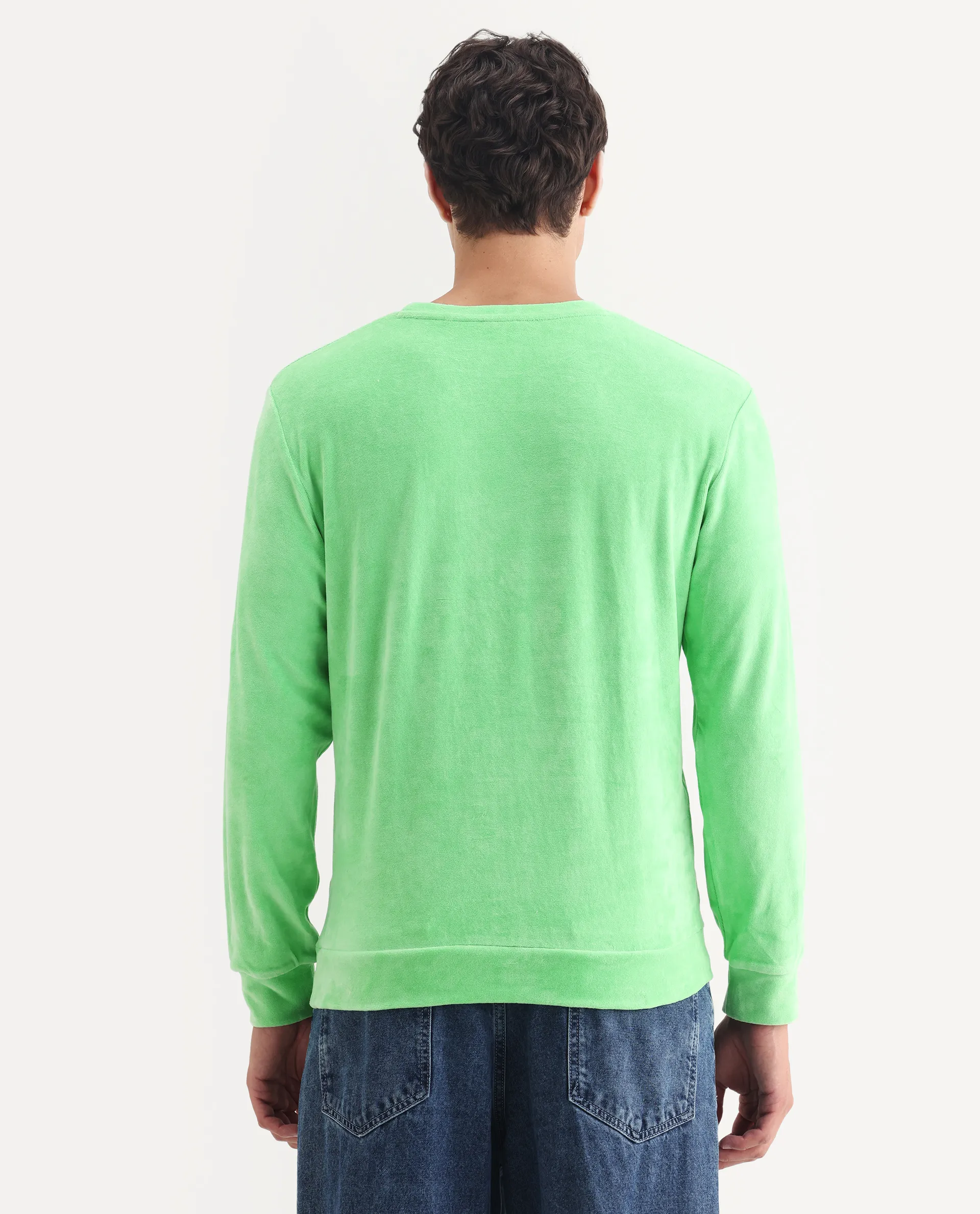 Rare Rabbit Men's Dube Green Velvet Plain Relaxed Fit Full Sleeve Crew Neck Sweatshirt - Image 7