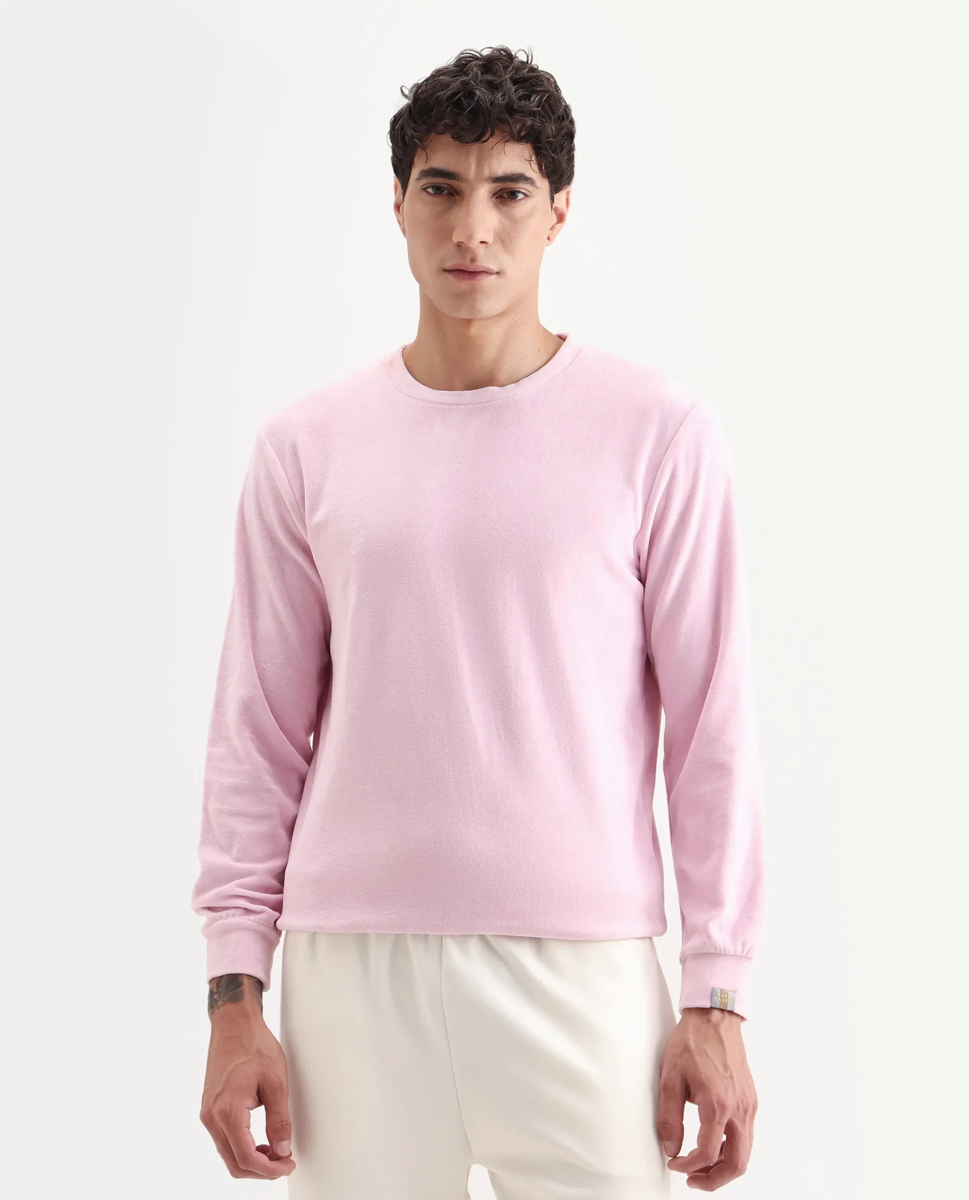 Rare Rabbit Men's Dube Pink Velvet Plain Relaxed Fit Full Sleeve Crew Neck Sweatshirt - Image 4