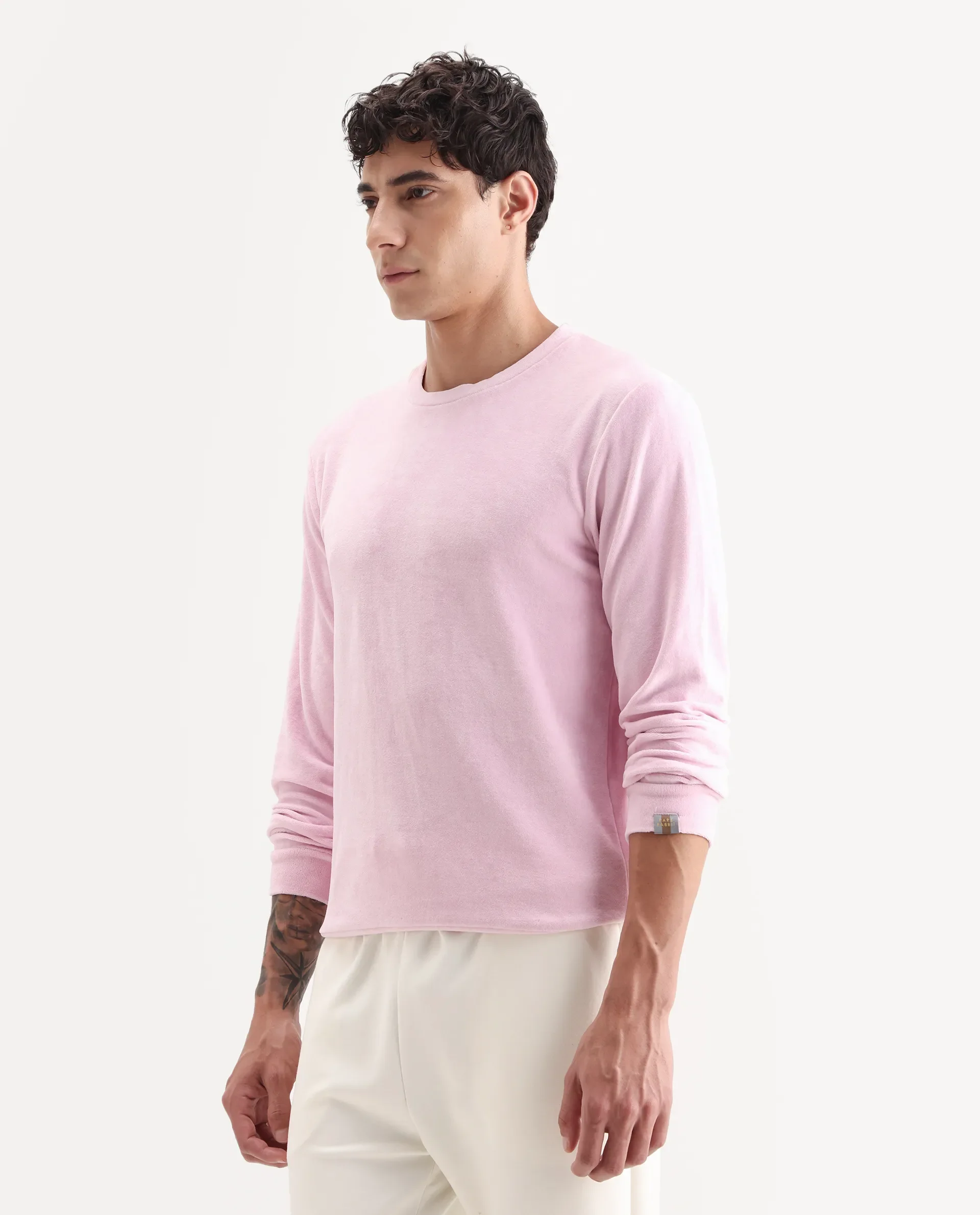 Rare Rabbit Men's Dube Pink Velvet Plain Relaxed Fit Full Sleeve Crew Neck Sweatshirt - Image 5