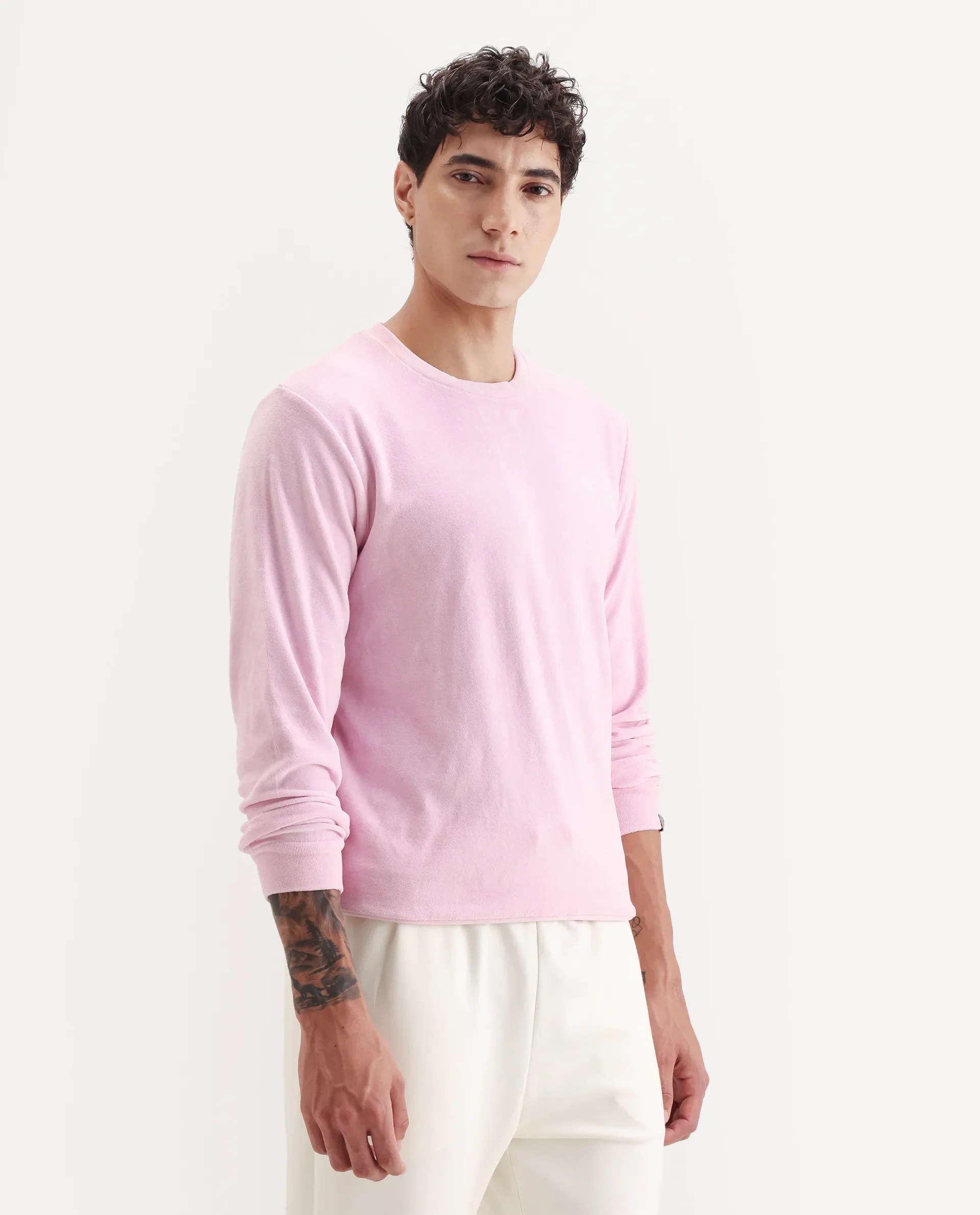 Rare Rabbit Men's Dube Pink Velvet Plain Relaxed Fit Full Sleeve Crew Neck Sweatshirt - Image 6