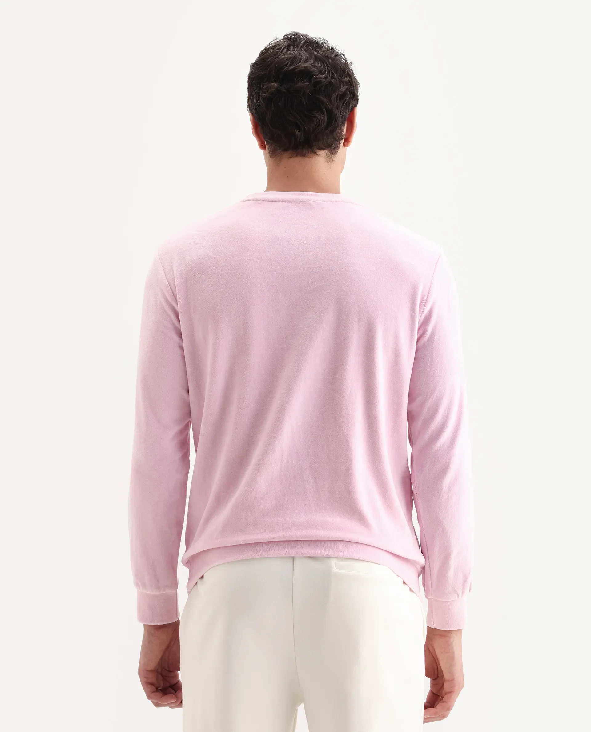 Rare Rabbit Men's Dube Pink Velvet Plain Relaxed Fit Full Sleeve Crew Neck Sweatshirt - Image 7