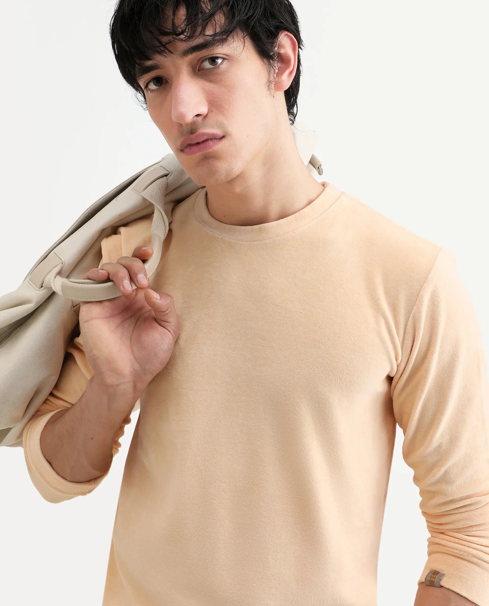 Rare Rabbit Men's Dube Yellow Velvet Plain Relaxed Fit Full Sleeve Crew Neck Sweatshirt