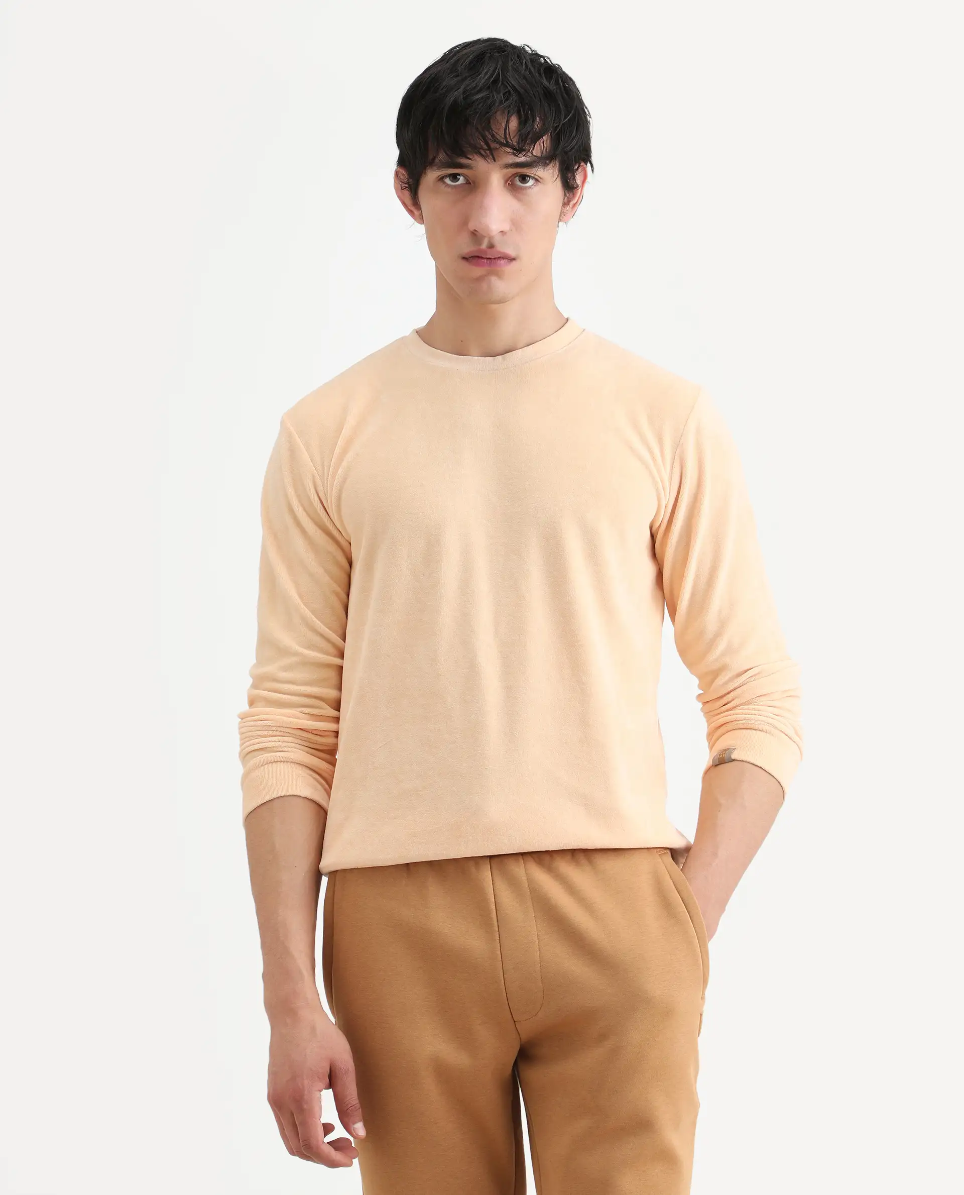 Rare Rabbit Men's Dube Yellow Velvet Plain Relaxed Fit Full Sleeve Crew Neck Sweatshirt - Image 3