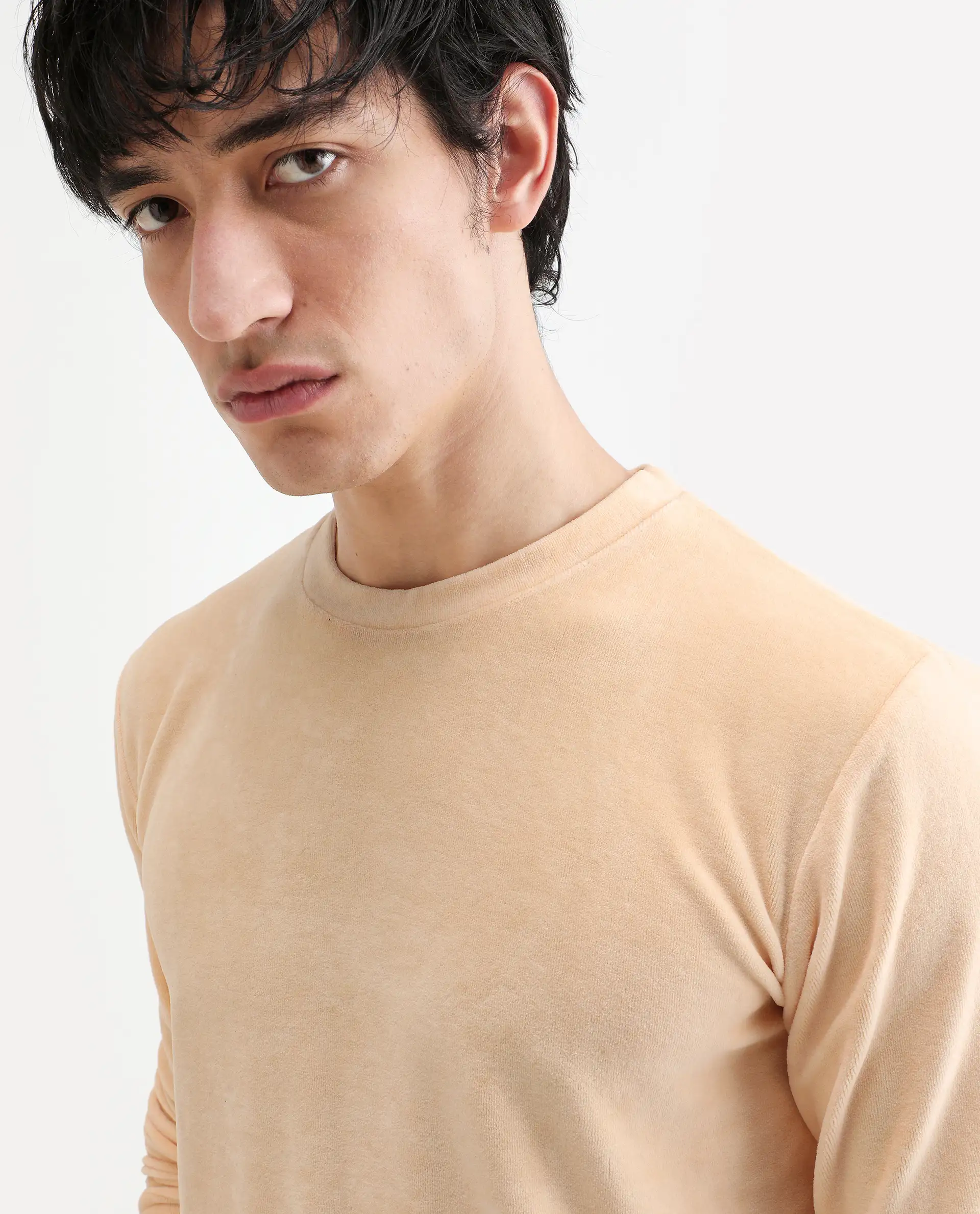 Rare Rabbit Men's Dube Yellow Velvet Plain Relaxed Fit Full Sleeve Crew Neck Sweatshirt - Image 4
