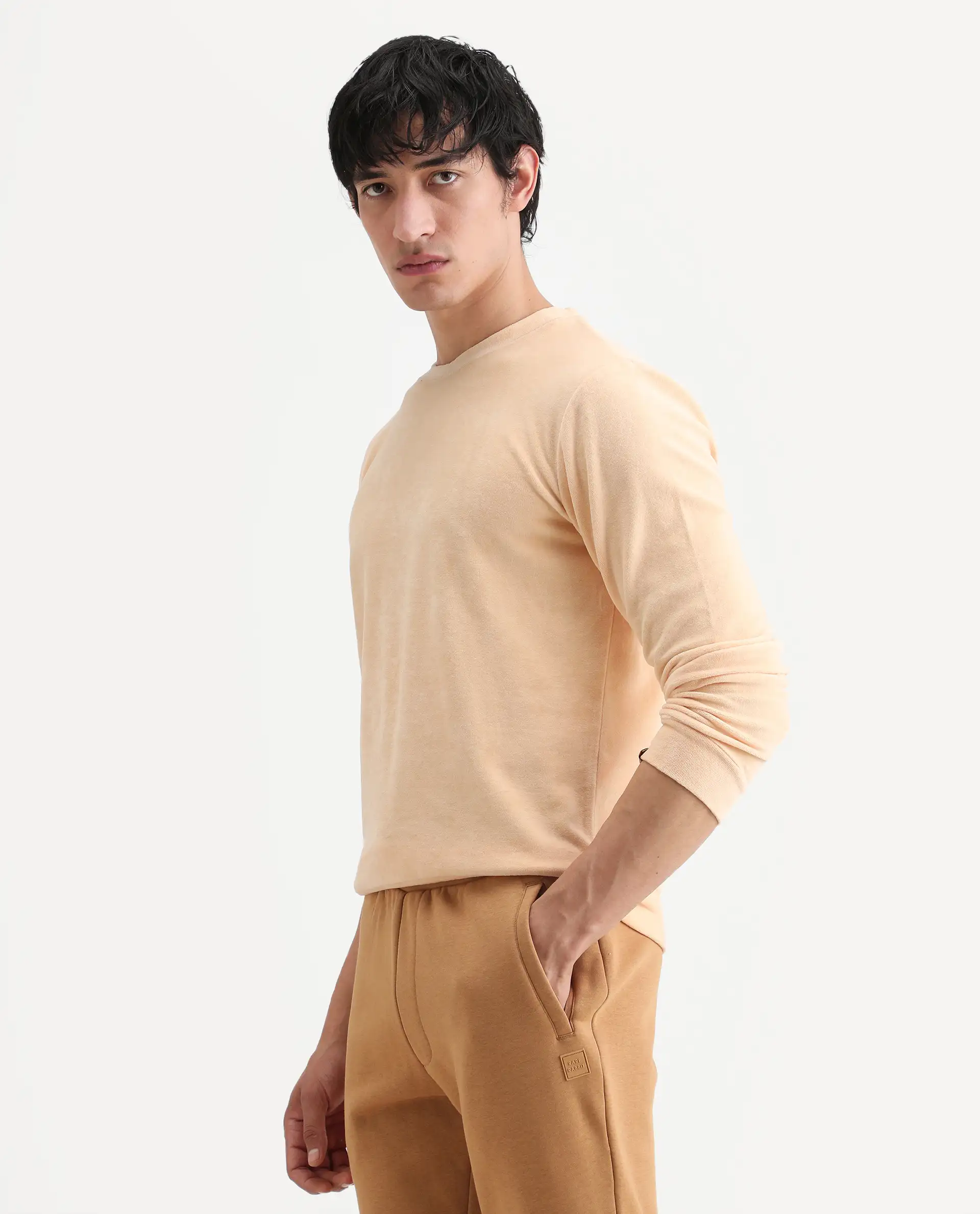 Rare Rabbit Men's Dube Yellow Velvet Plain Relaxed Fit Full Sleeve Crew Neck Sweatshirt - Image 5