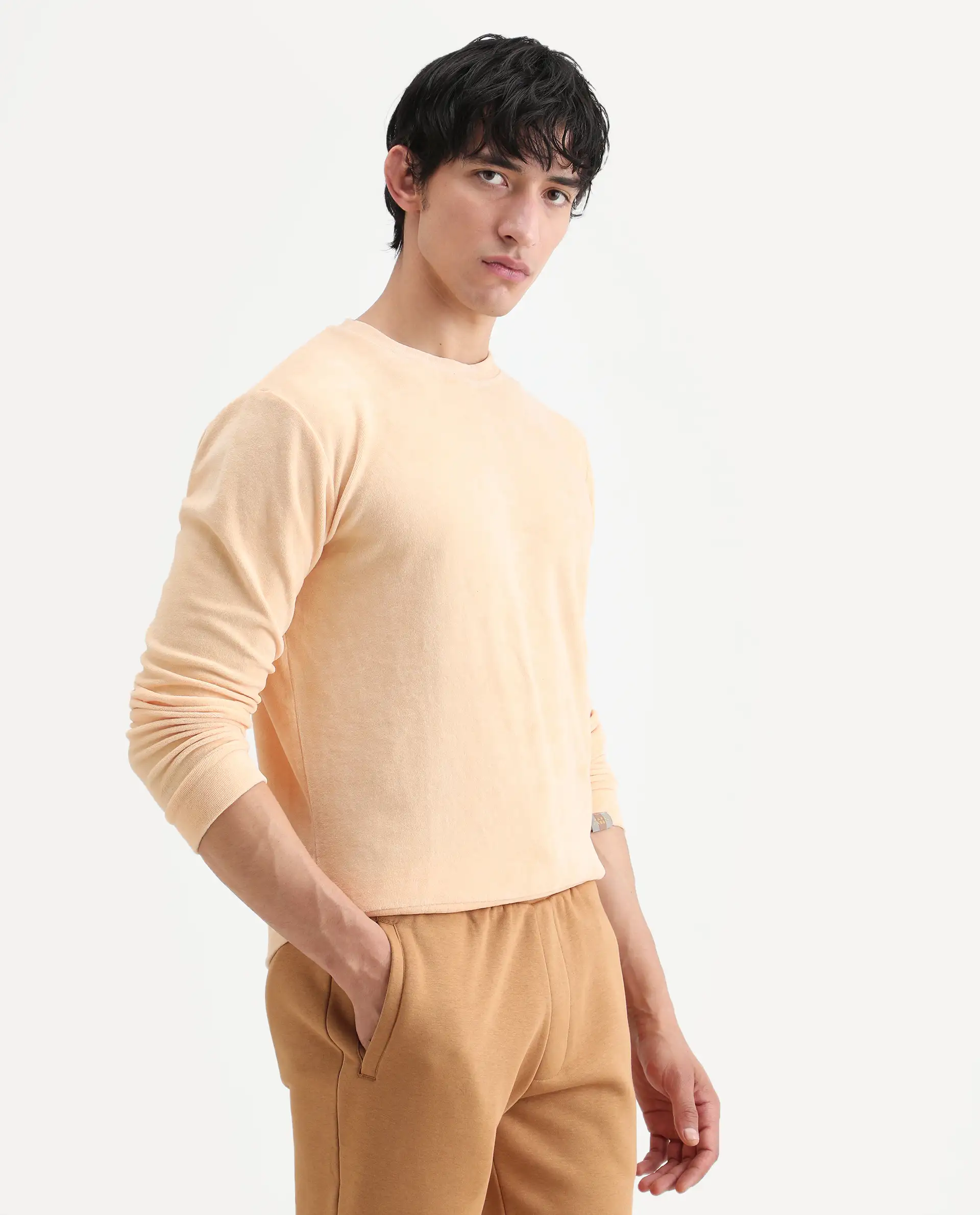 Rare Rabbit Men's Dube Yellow Velvet Plain Relaxed Fit Full Sleeve Crew Neck Sweatshirt - Image 6