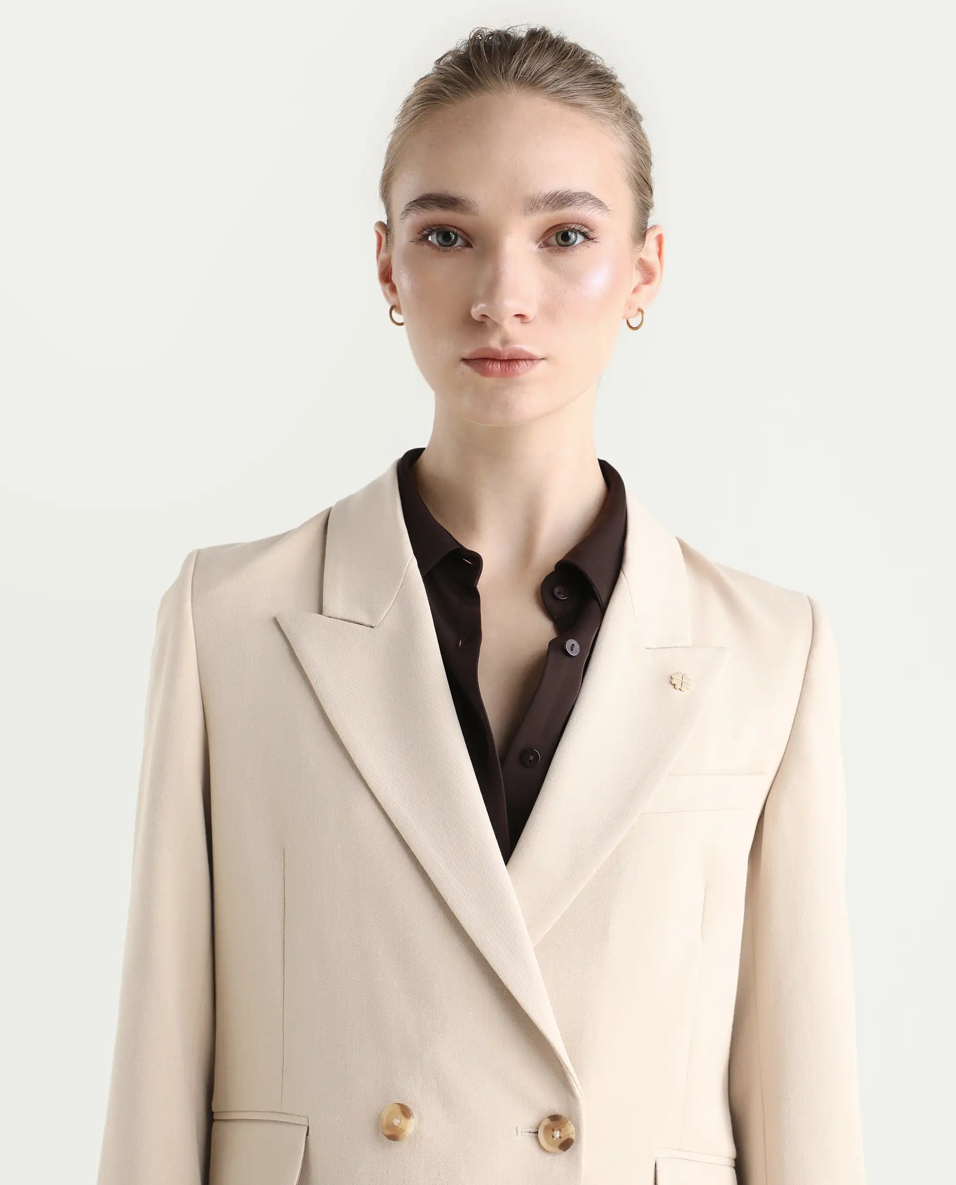 Rareism Women's Dublo Beige Polyester Blend Fabric Full Sleeve Lapel Collar Plain Blazer - Image 10