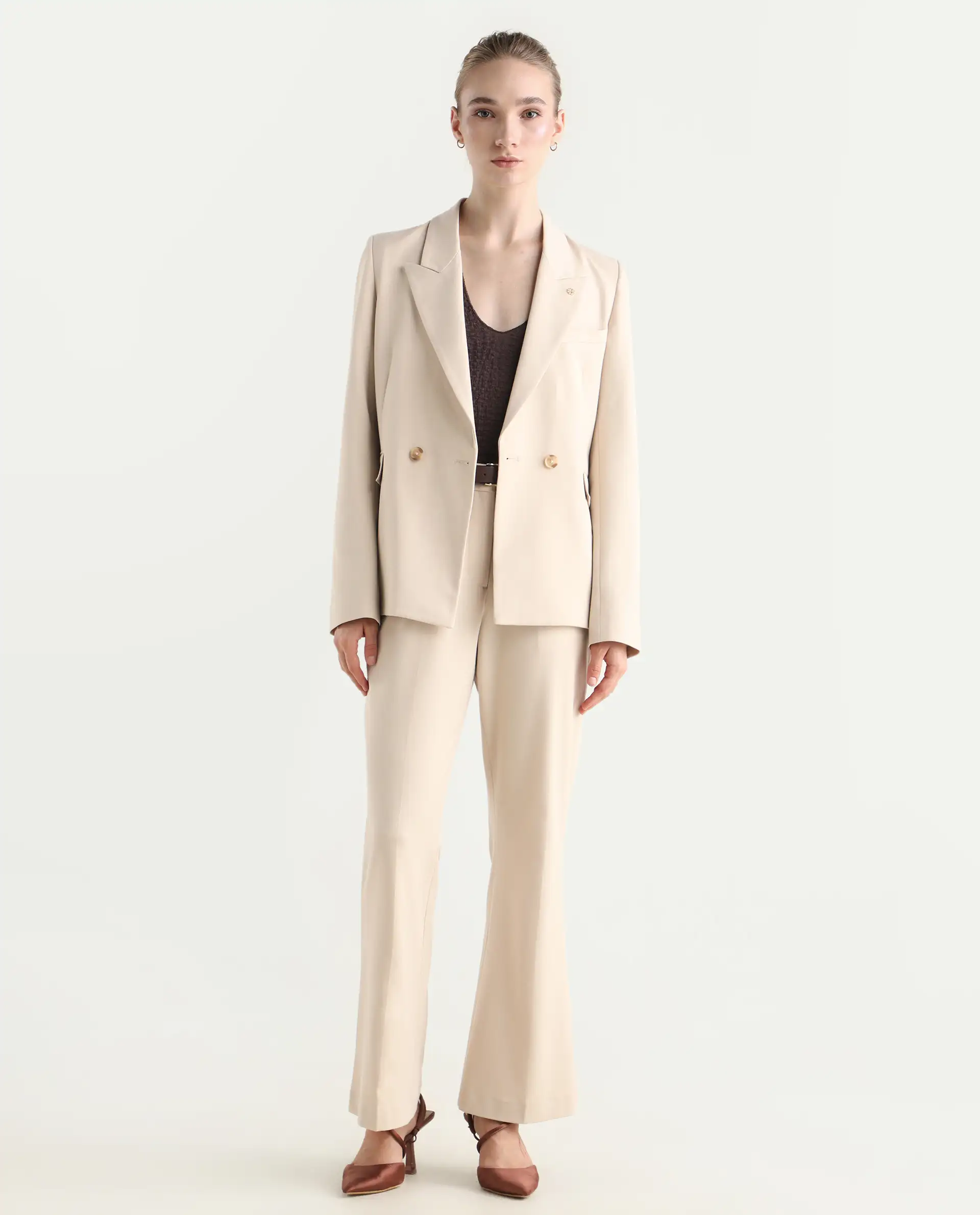 Rareism Women's Dublo Beige Polyester Blend Fabric Full Sleeve Lapel Collar Plain Blazer - Image 2