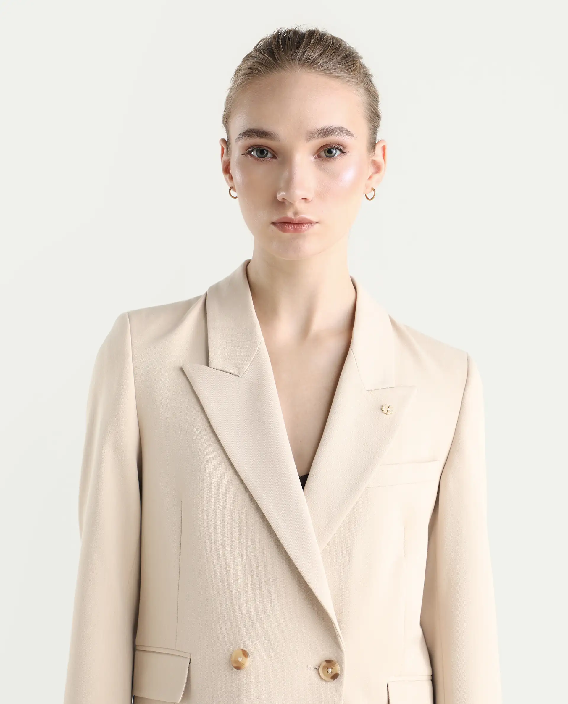 Rareism Women's Dublo Beige Polyester Blend Fabric Full Sleeve Lapel Collar Plain Blazer - Image 3