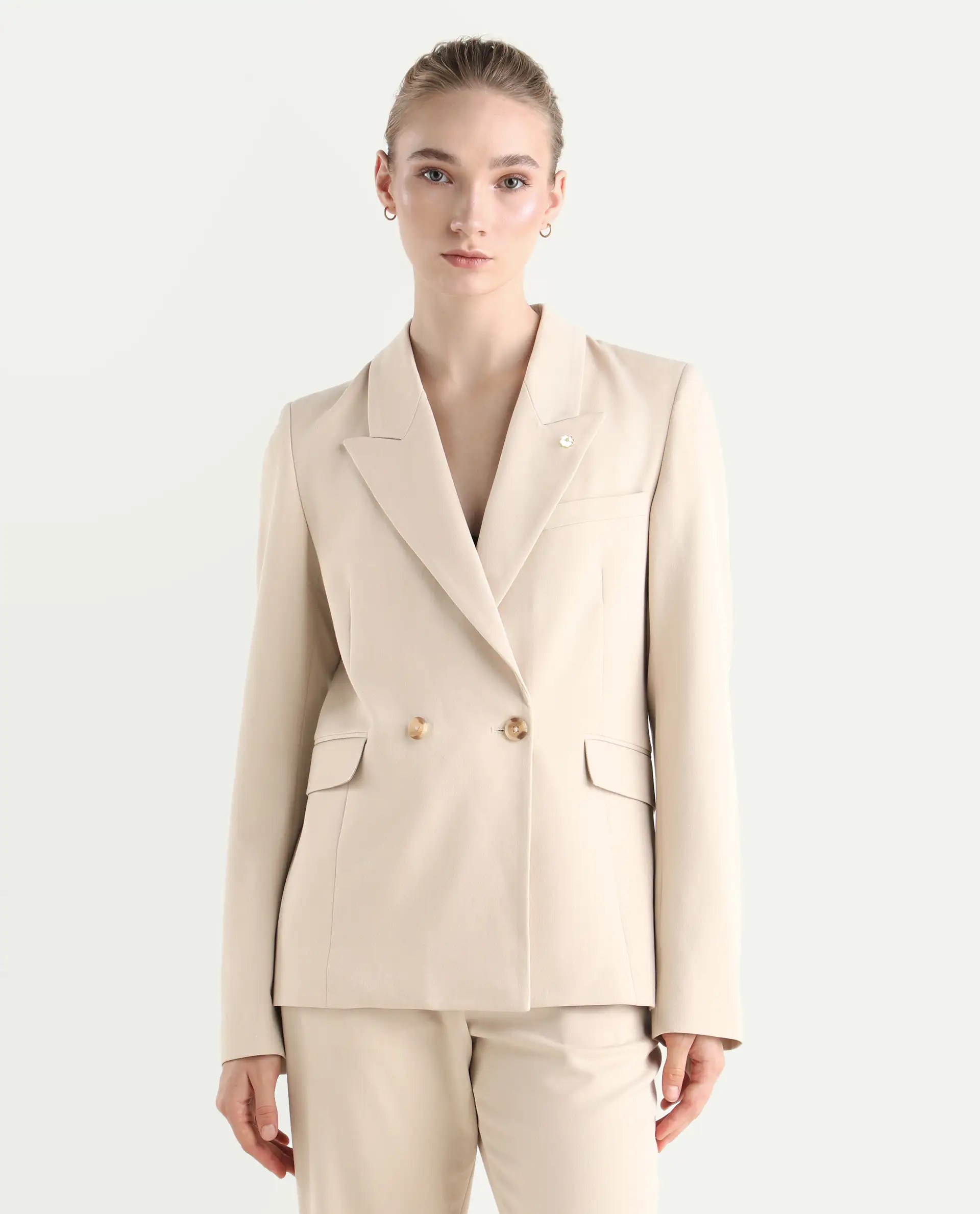 Rareism Women's Dublo Beige Polyester Blend Fabric Full Sleeve Lapel Collar Plain Blazer - Image 4