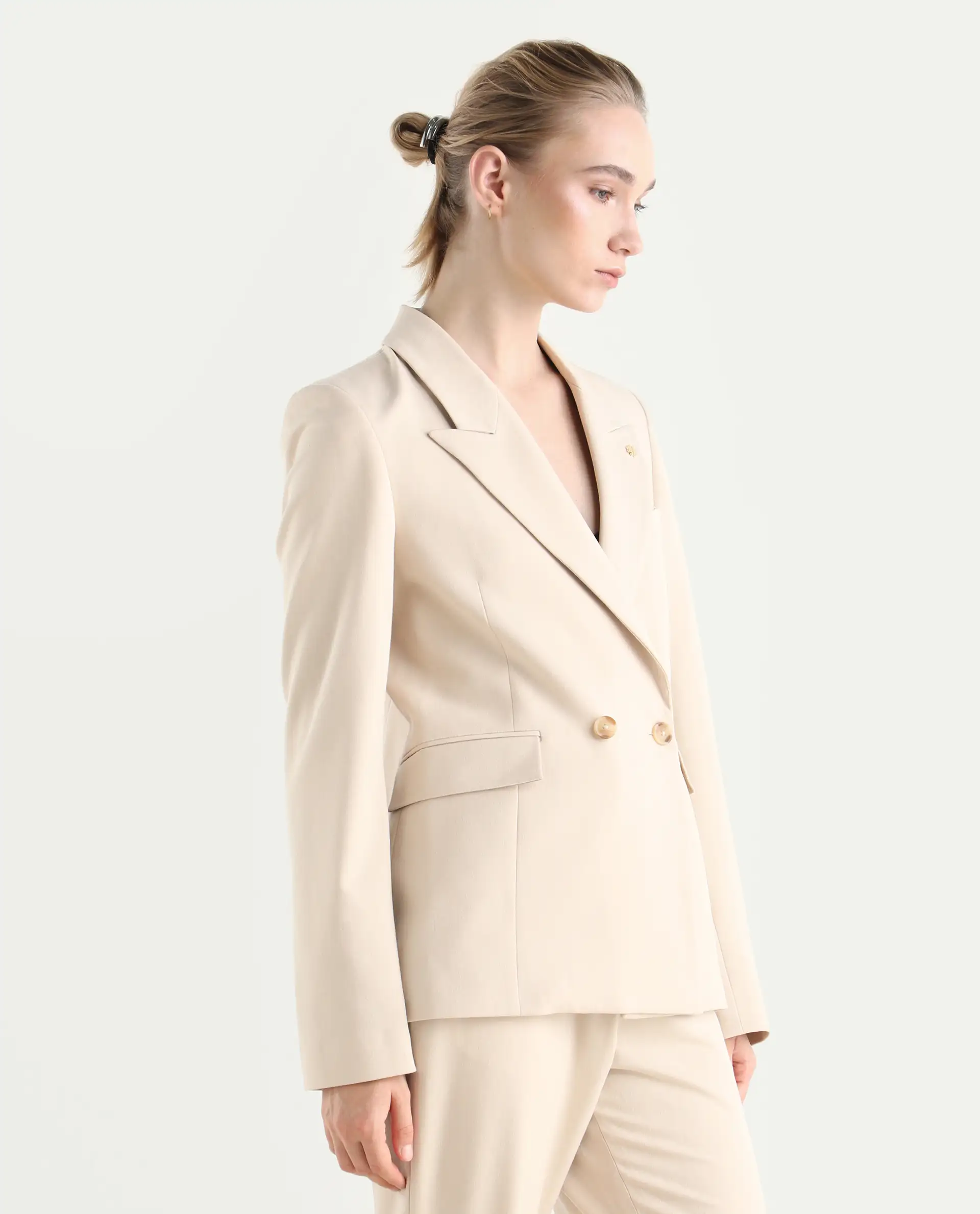 Rareism Women's Dublo Beige Polyester Blend Fabric Full Sleeve Lapel Collar Plain Blazer - Image 5