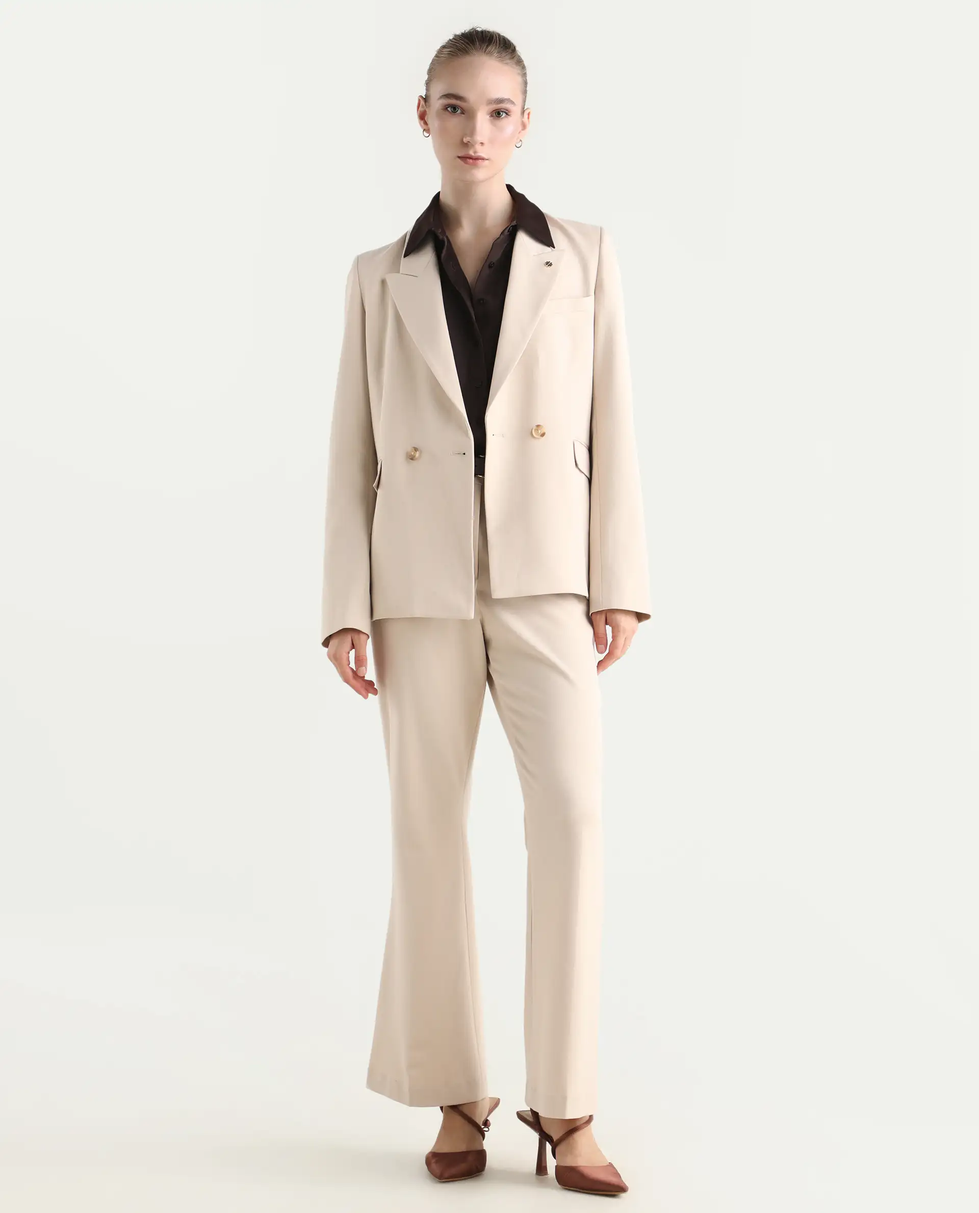 Rareism Women's Dublo Beige Polyester Blend Fabric Full Sleeve Lapel Collar Plain Blazer - Image 6