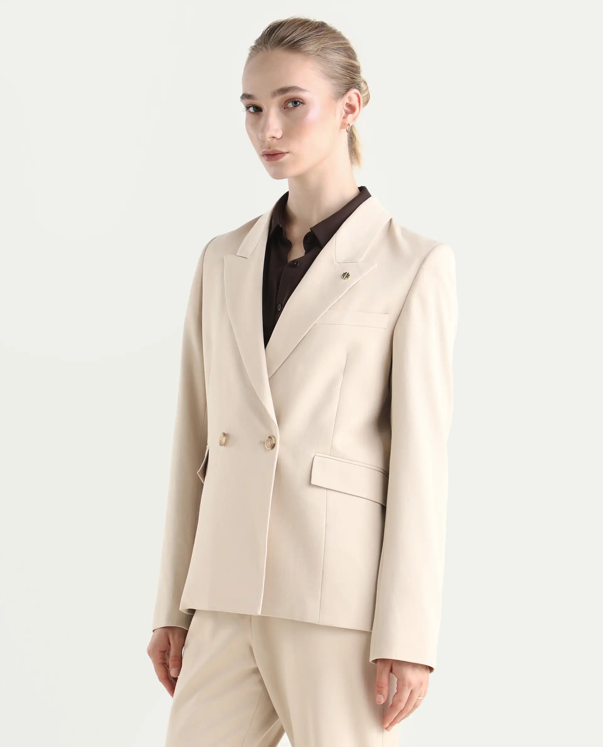 Rareism Women's Dublo Beige Polyester Blend Fabric Full Sleeve Lapel Collar Plain Blazer - Image 7