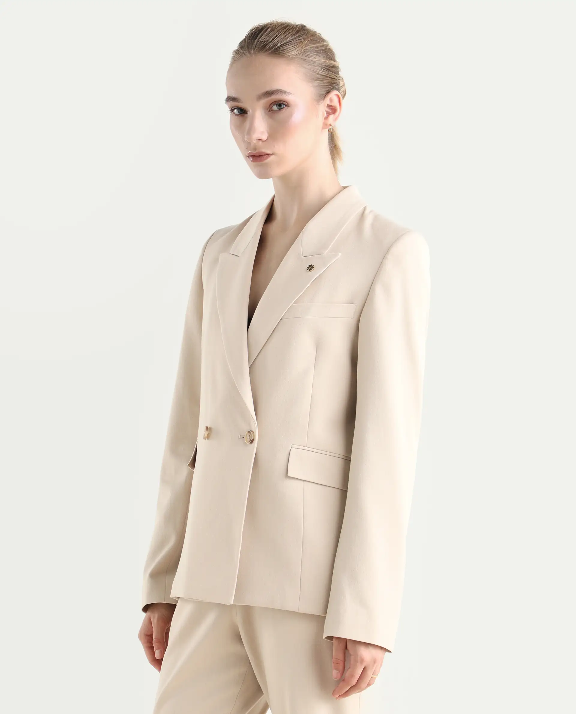 Rareism Women's Dublo Beige Polyester Blend Fabric Full Sleeve Lapel Collar Plain Blazer - Image 8
