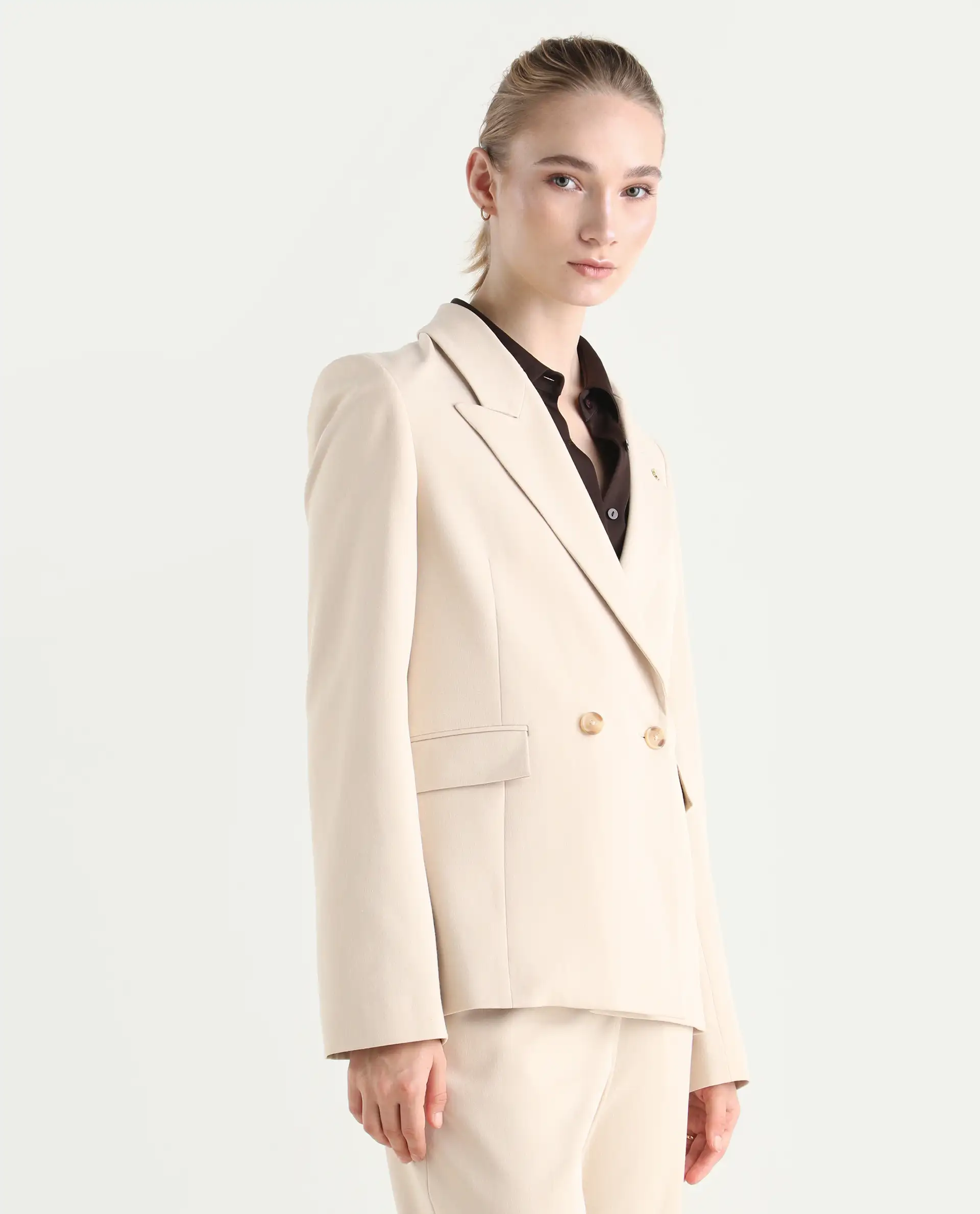 Rareism Women's Dublo Beige Polyester Blend Fabric Full Sleeve Lapel Collar Plain Blazer - Image 9