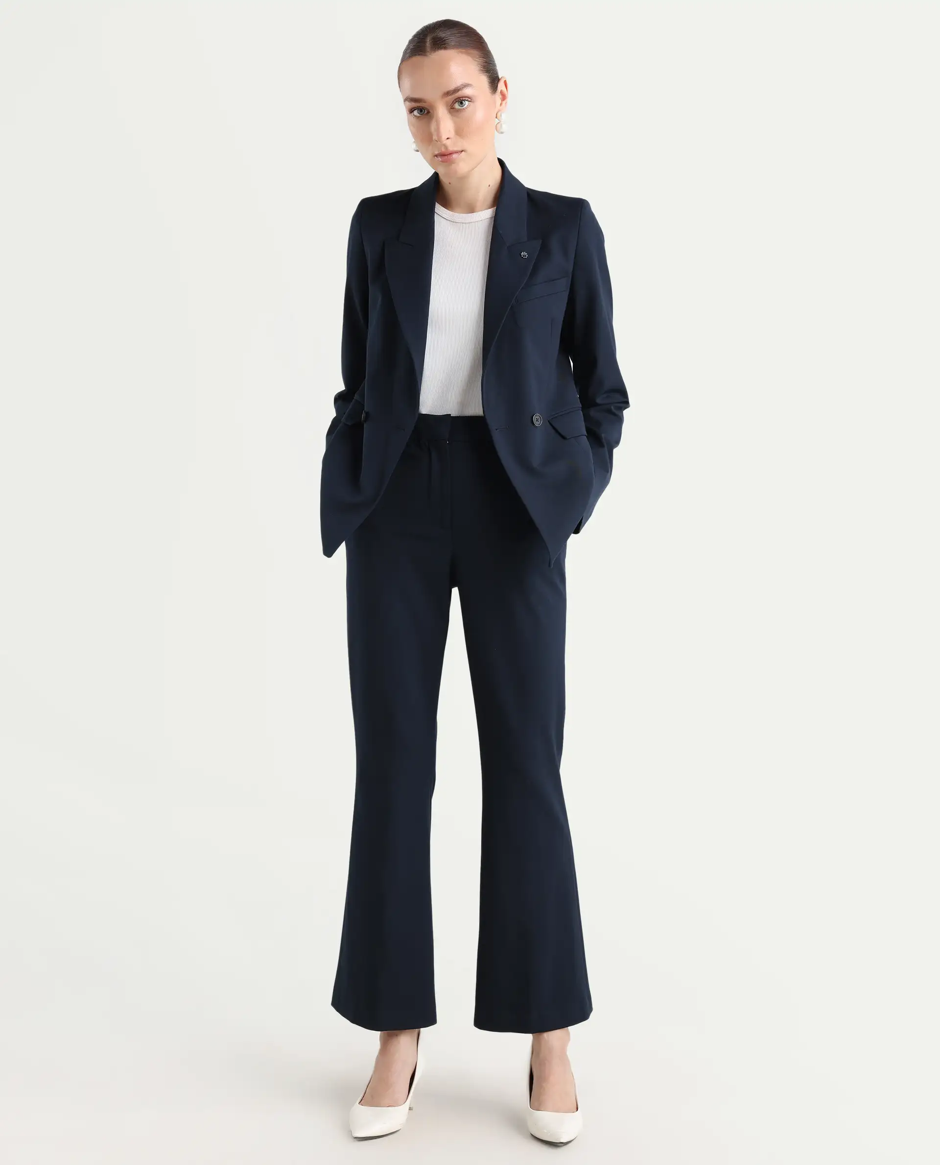 Rareism Women's Dublo Navy Polyester Blend Full Sleeve Lapel Collar Plain Blazer - Image 2
