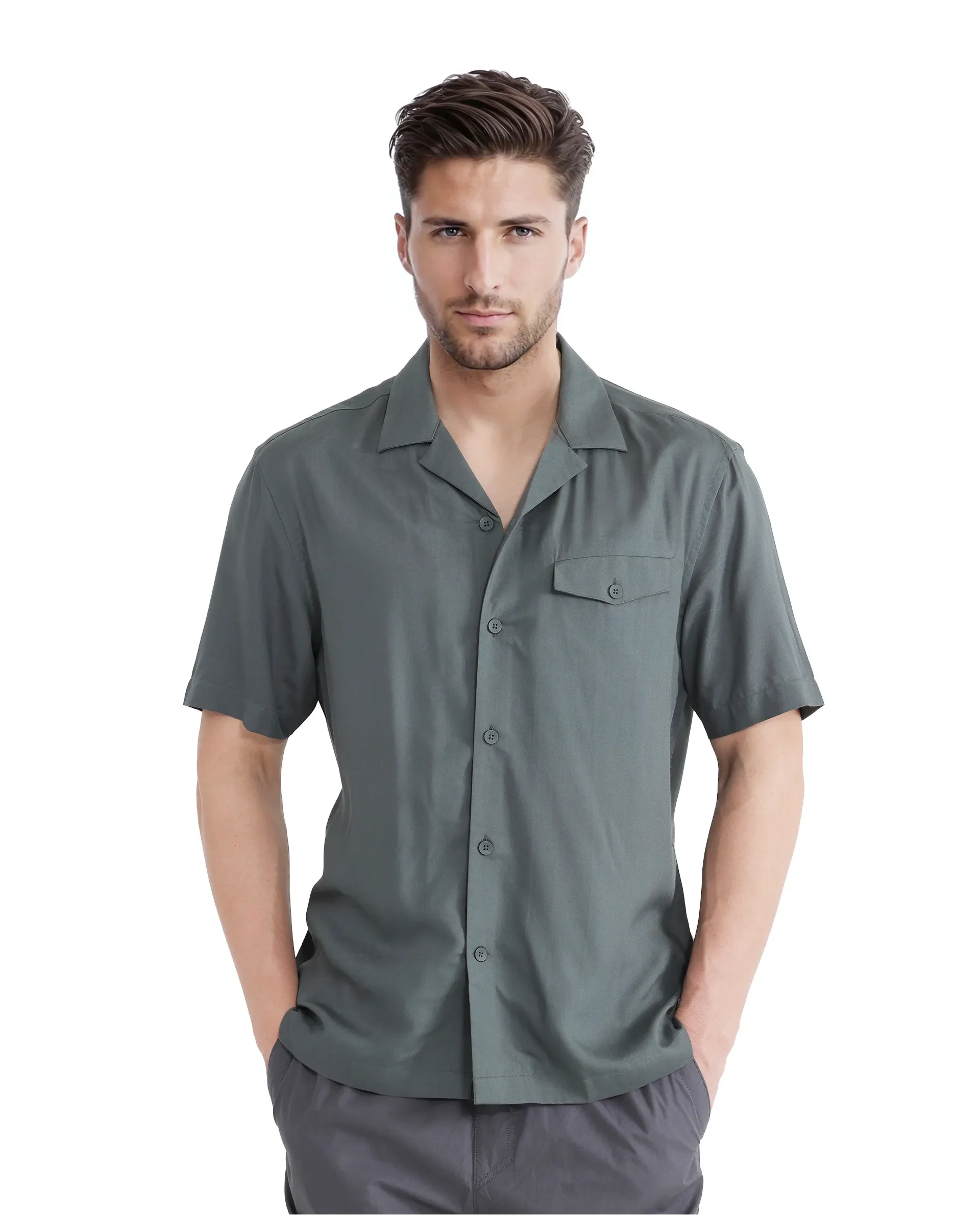 Rare Rabbit Men's Dubm Dusky Green Modal Plain Relaxed Fit Half Sleeve Cuban Collar Shirt