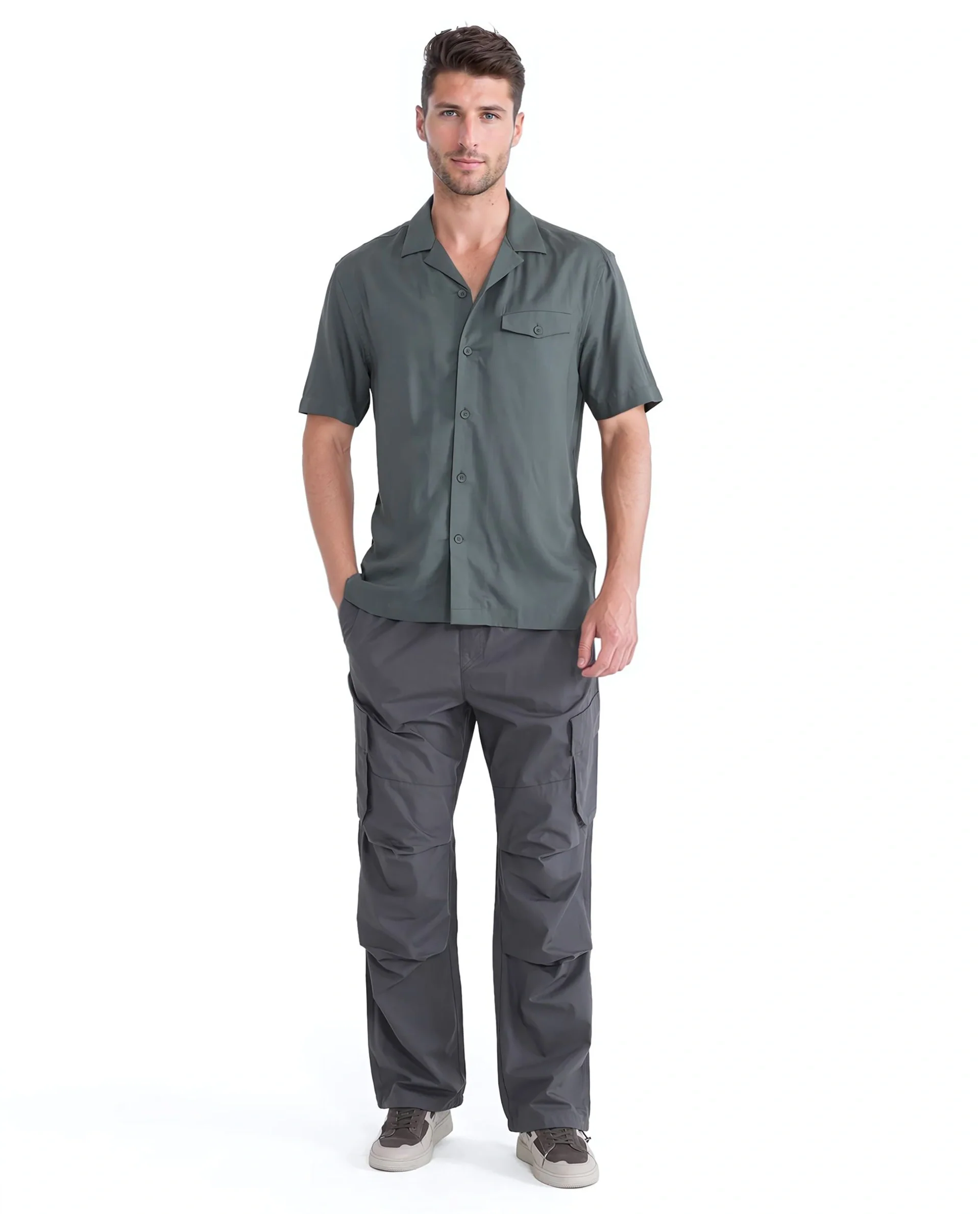 Rare Rabbit Men's Dubm Dusky Green Modal Plain Relaxed Fit Half Sleeve Cuban Collar Shirt - Image 2