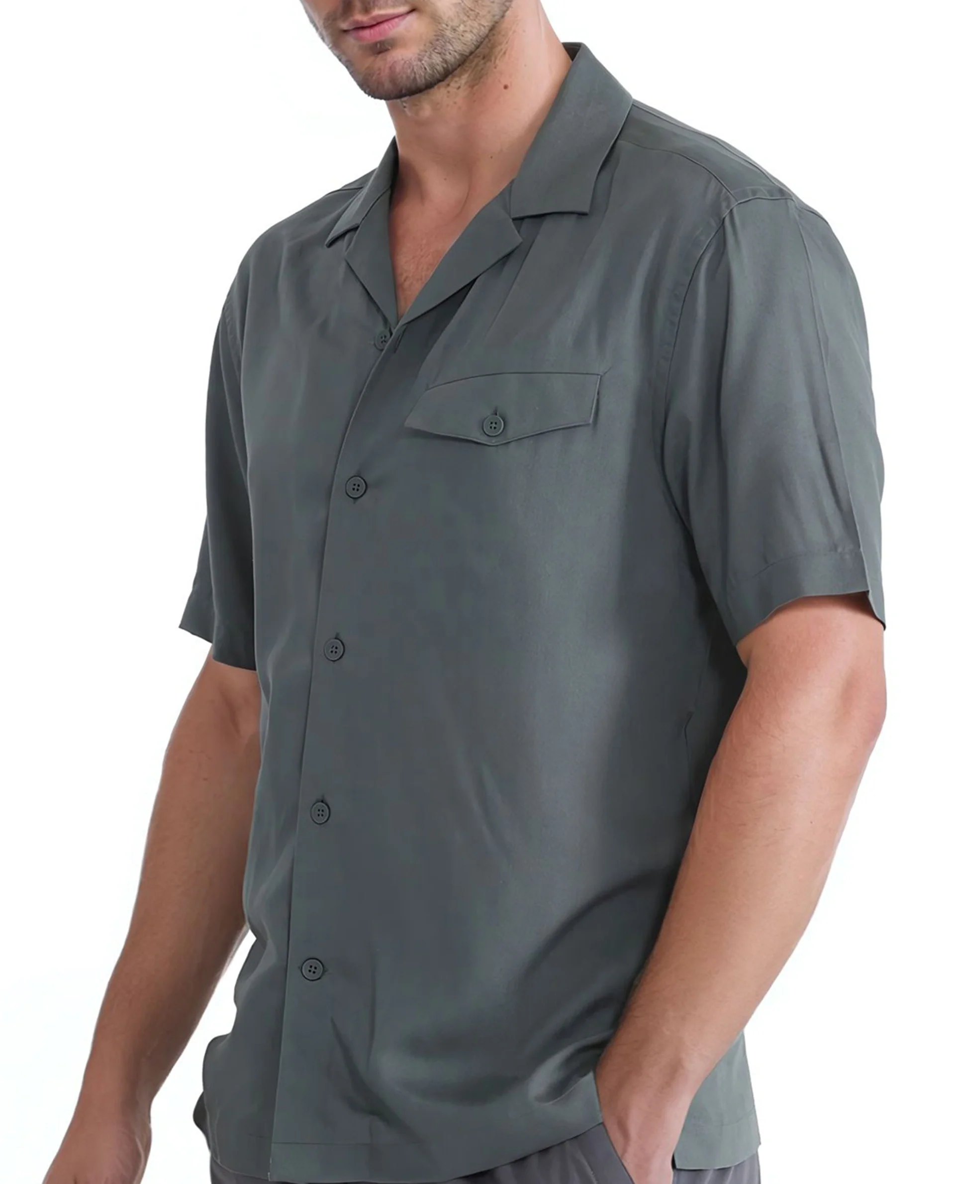 Rare Rabbit Men's Dubm Dusky Green Modal Plain Relaxed Fit Half Sleeve Cuban Collar Shirt - Image 3