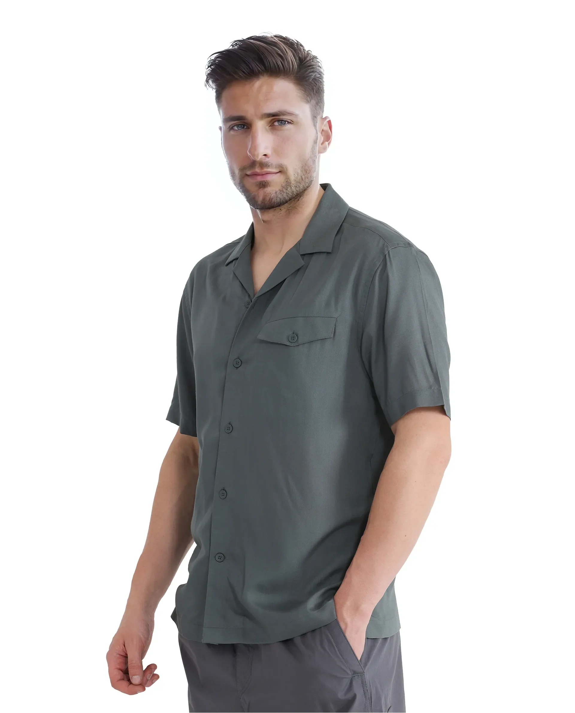 Rare Rabbit Men's Dubm Dusky Green Modal Plain Relaxed Fit Half Sleeve Cuban Collar Shirt - Image 6