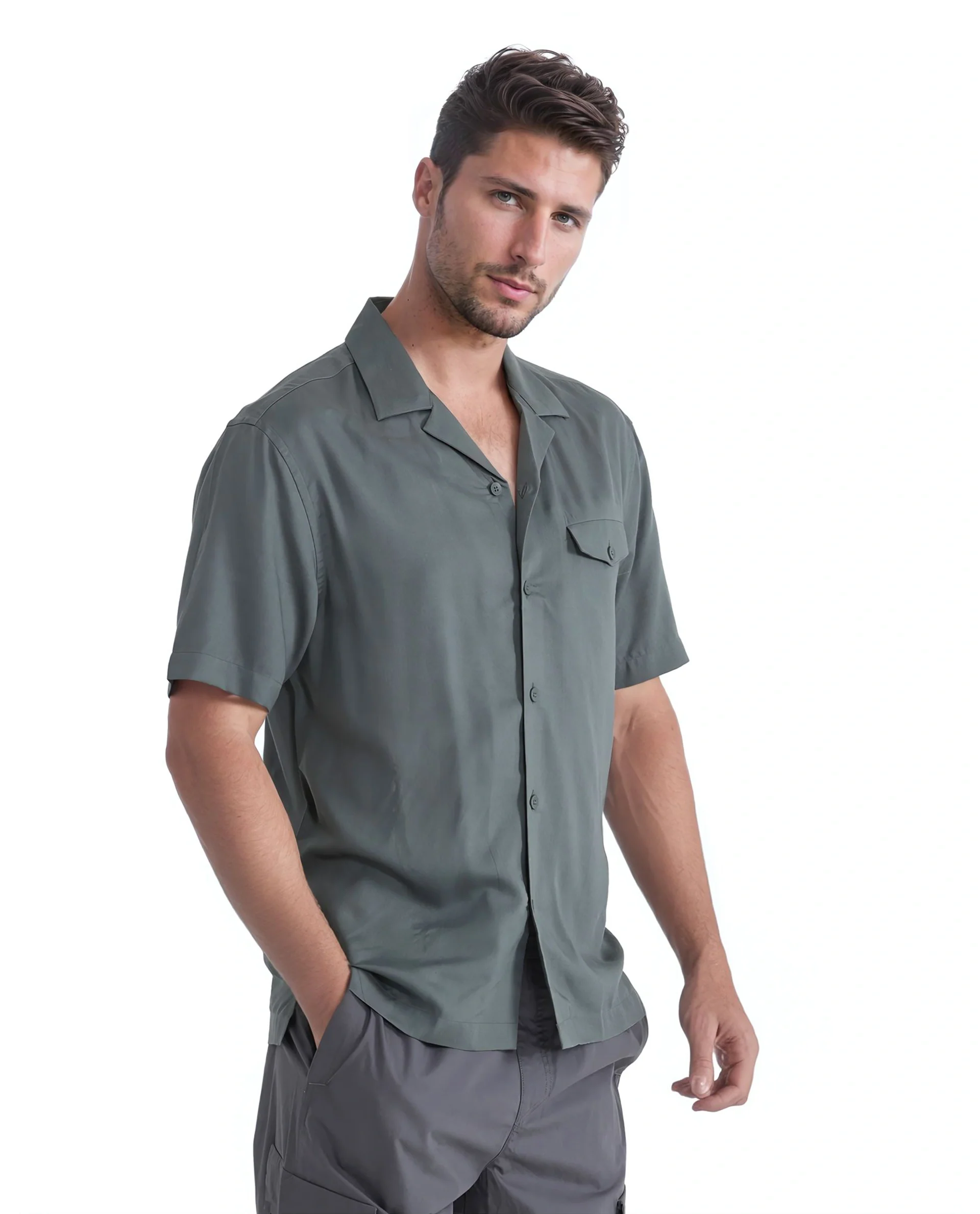 Rare Rabbit Men's Dubm Dusky Green Modal Plain Relaxed Fit Half Sleeve Cuban Collar Shirt - Image 7
