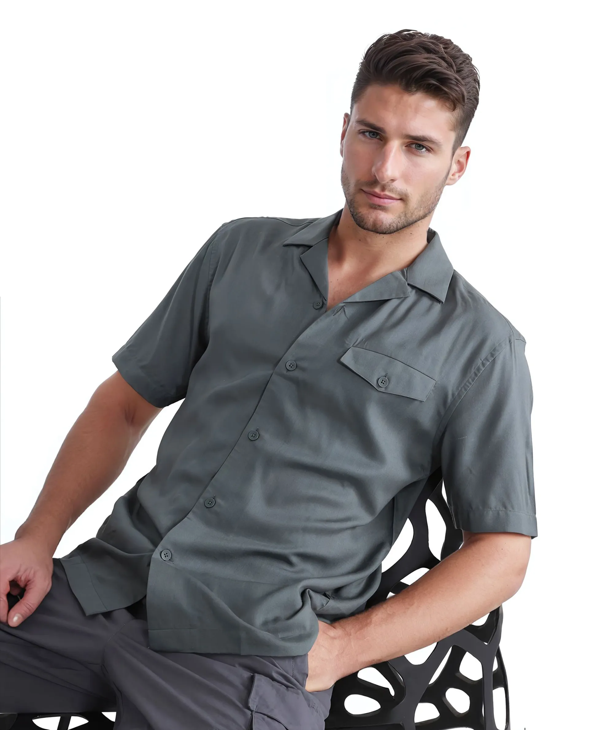 Rare Rabbit Men's Dubm Dusky Green Modal Plain Relaxed Fit Half Sleeve Cuban Collar Shirt - Image 8