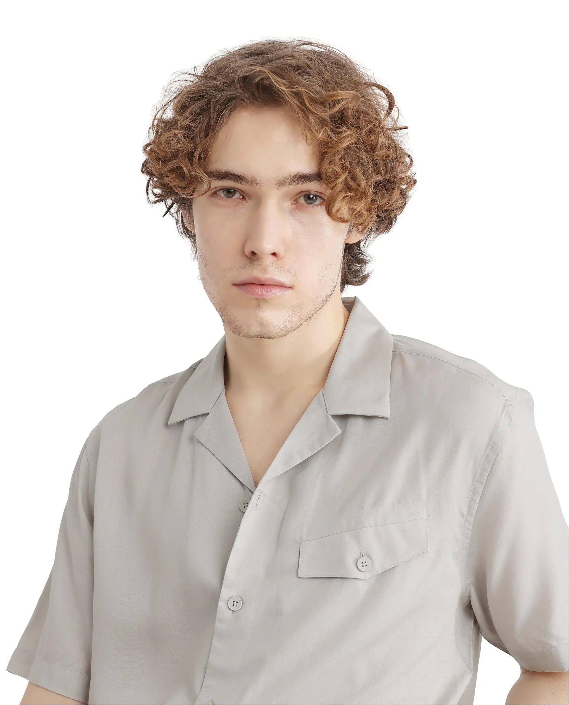 Rare Rabbit Men's Dubm Light Grey Modal Plain Relaxed Fit Half Sleeve Cuban Collar Shirt - Image 5