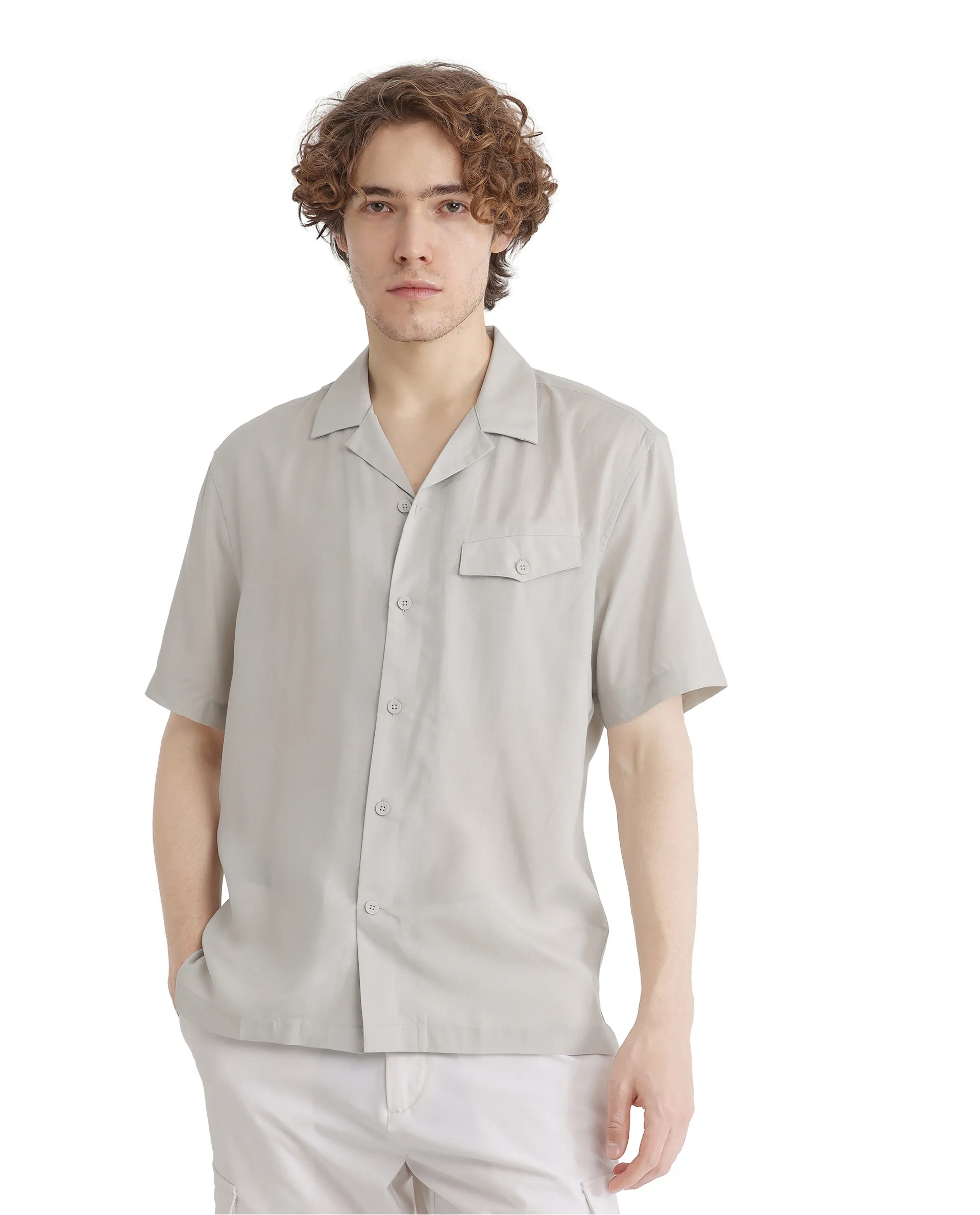 Rare Rabbit Men's Dubm Light Grey Modal Plain Relaxed Fit Half Sleeve Cuban Collar Shirt - Image 7