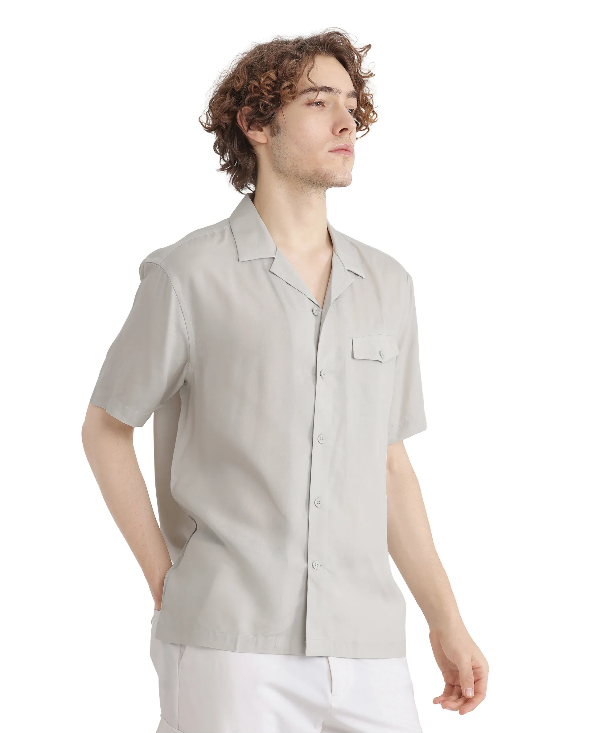 Rare Rabbit Men's Dubm Light Grey Modal Plain Relaxed Fit Half Sleeve Cuban Collar Shirt - Image 9