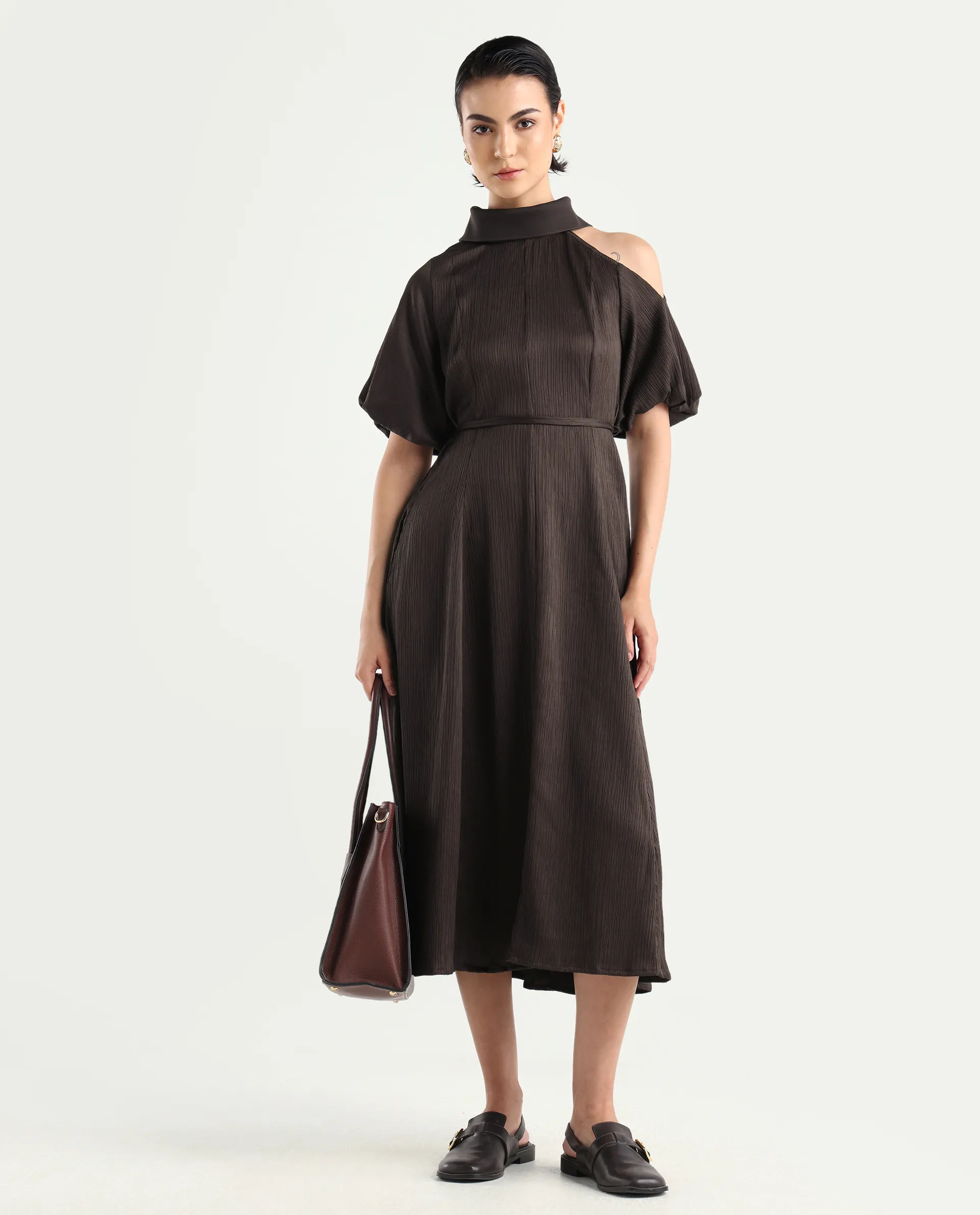 Rareism Women's Duchy Brown Polyester Turtle Neck Plain Balloon Sleeve Midi Flared Dress