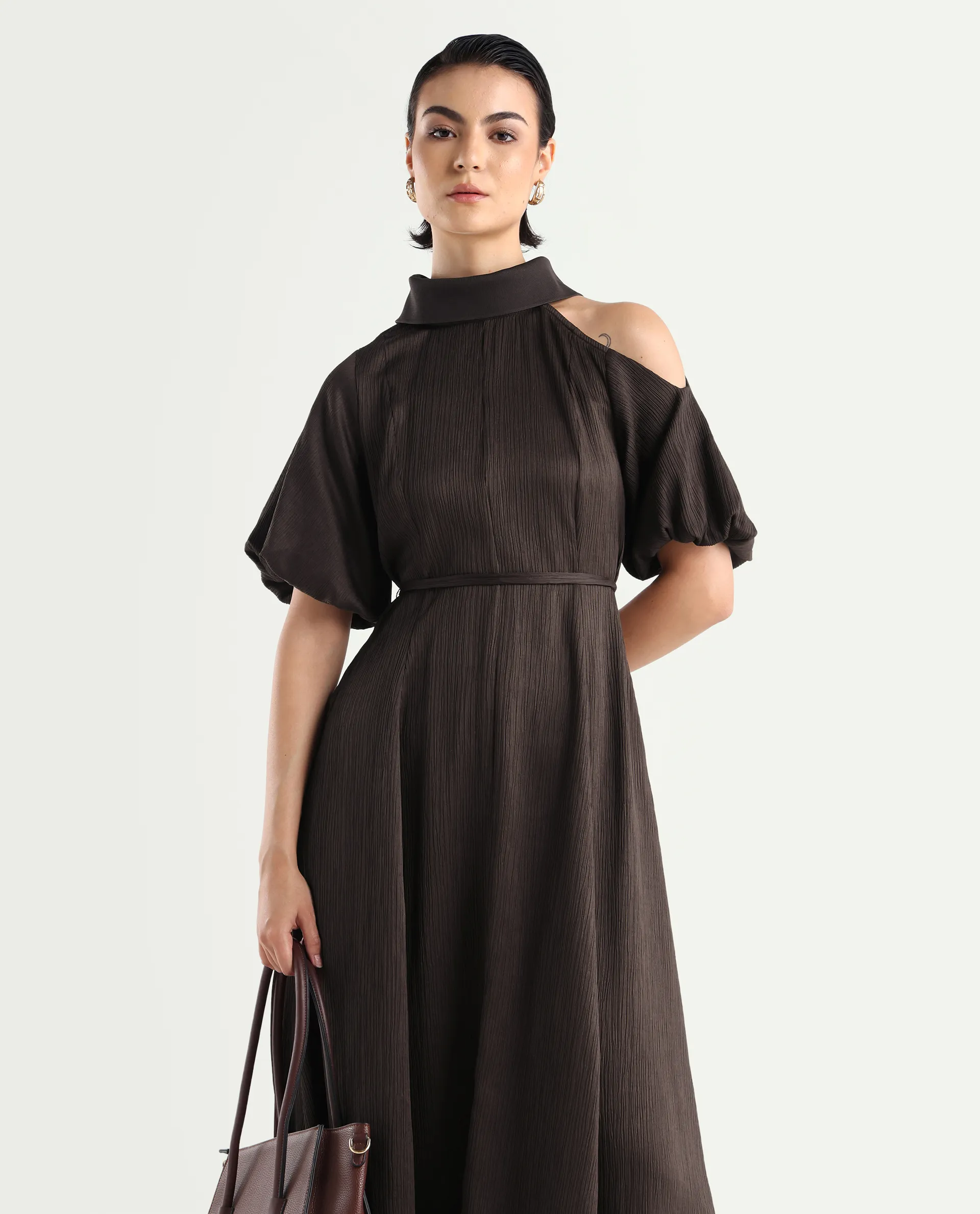 Rareism Women's Duchy Brown Polyester Turtle Neck Plain Balloon Sleeve Midi Flared Dress - Image 2