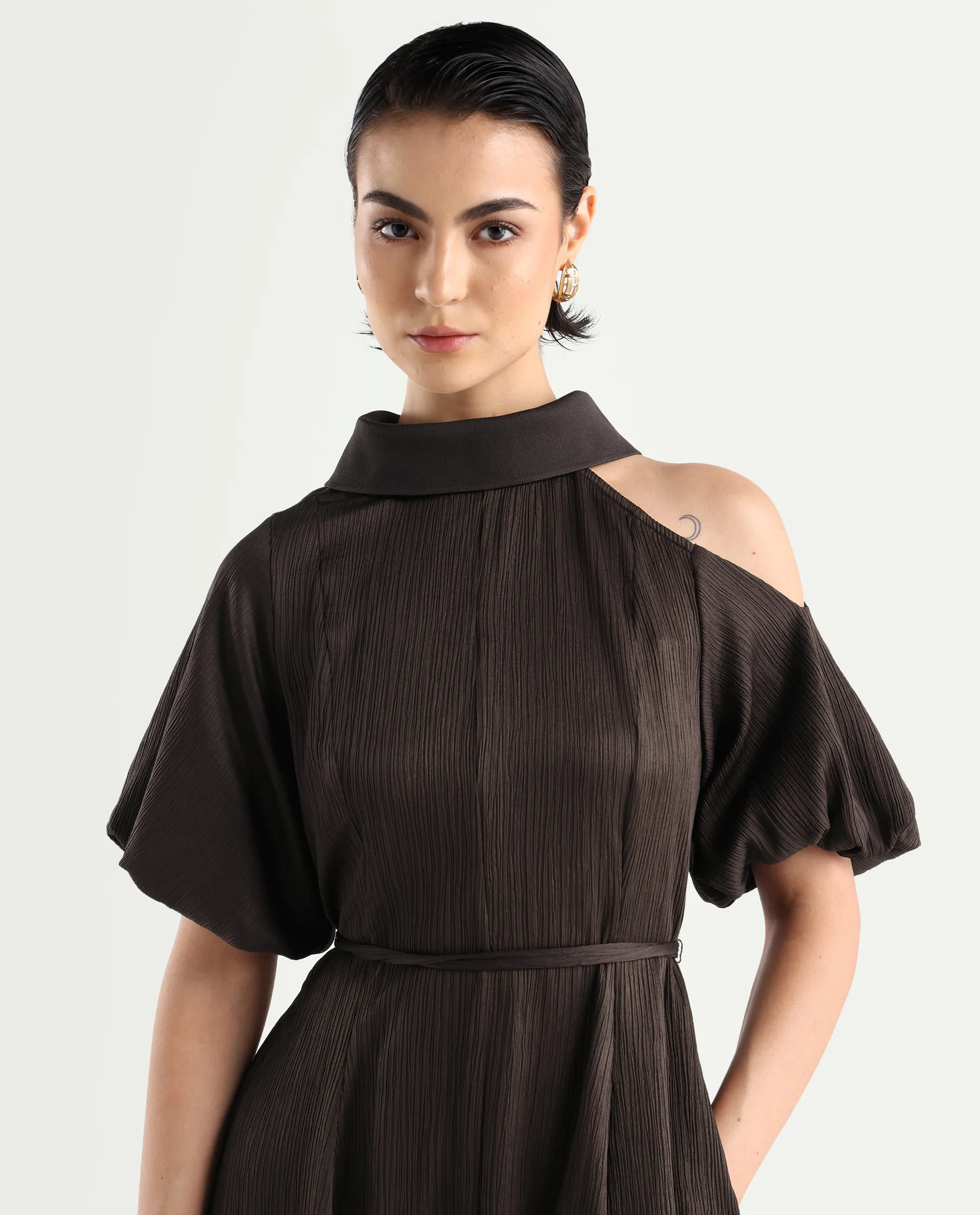 Rareism Women's Duchy Brown Polyester Turtle Neck Plain Balloon Sleeve Midi Flared Dress - Image 3