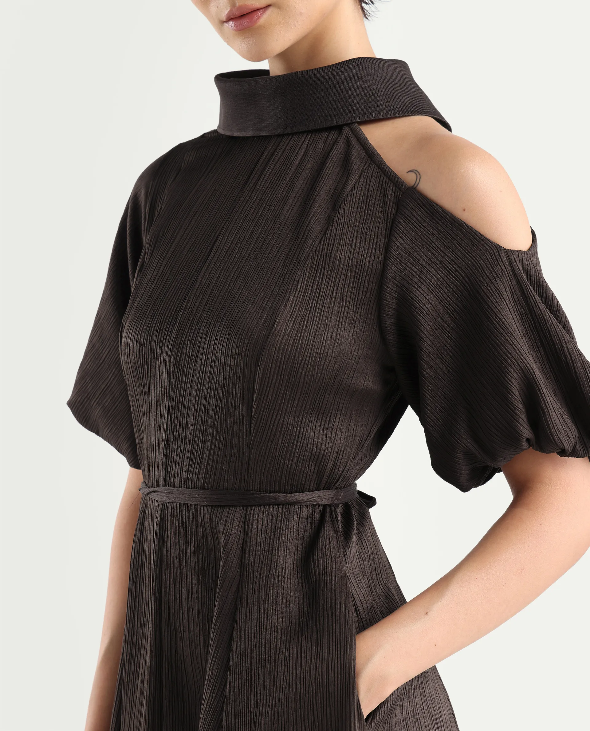 Rareism Women's Duchy Brown Polyester Turtle Neck Plain Balloon Sleeve Midi Flared Dress - Image 4