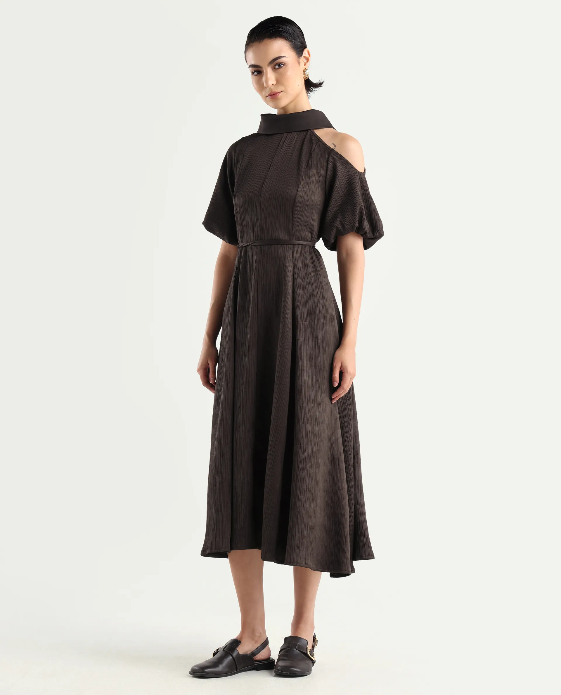 Rareism Women's Duchy Brown Polyester Turtle Neck Plain Balloon Sleeve Midi Flared Dress - Image 5