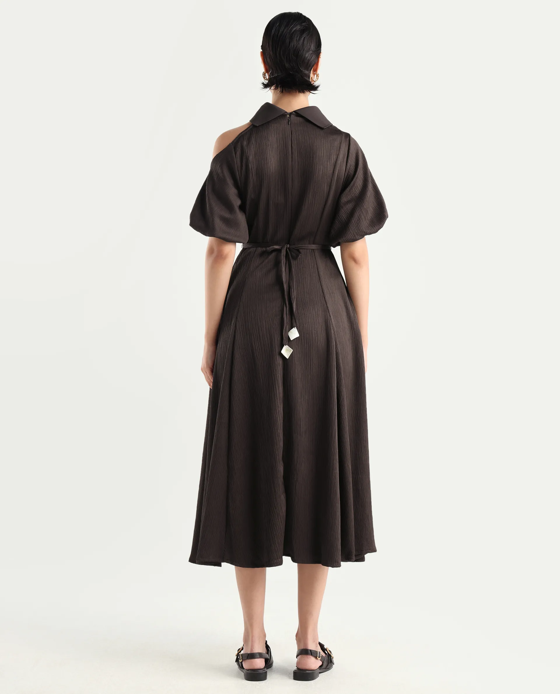 Rareism Women's Duchy Brown Polyester Turtle Neck Plain Balloon Sleeve Midi Flared Dress - Image 7