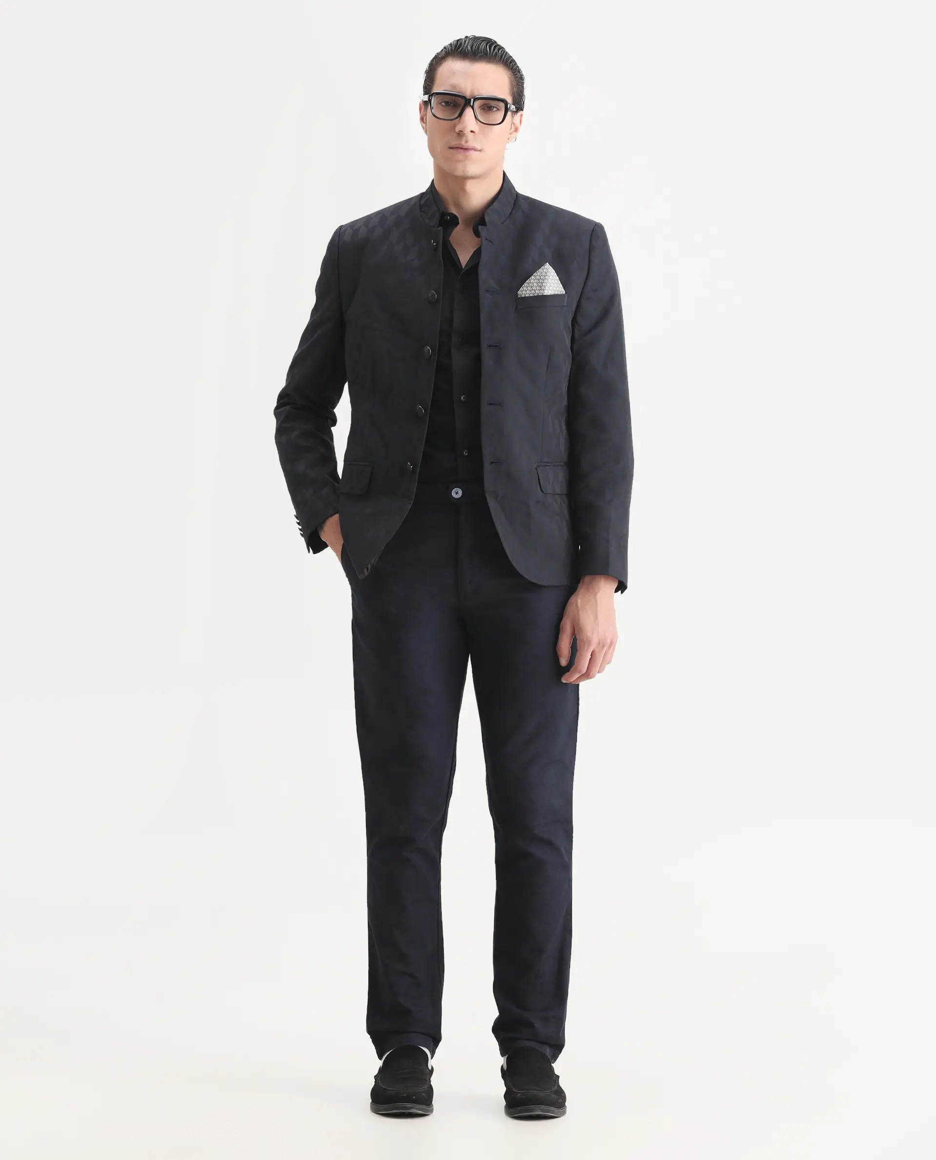 Rare Rabbit Men's Duffy Dark Navy Polyester Jacquard Tailored Fit Full Sleeve Mandarin Collar Bandhgala Jodhpuri - Image 2