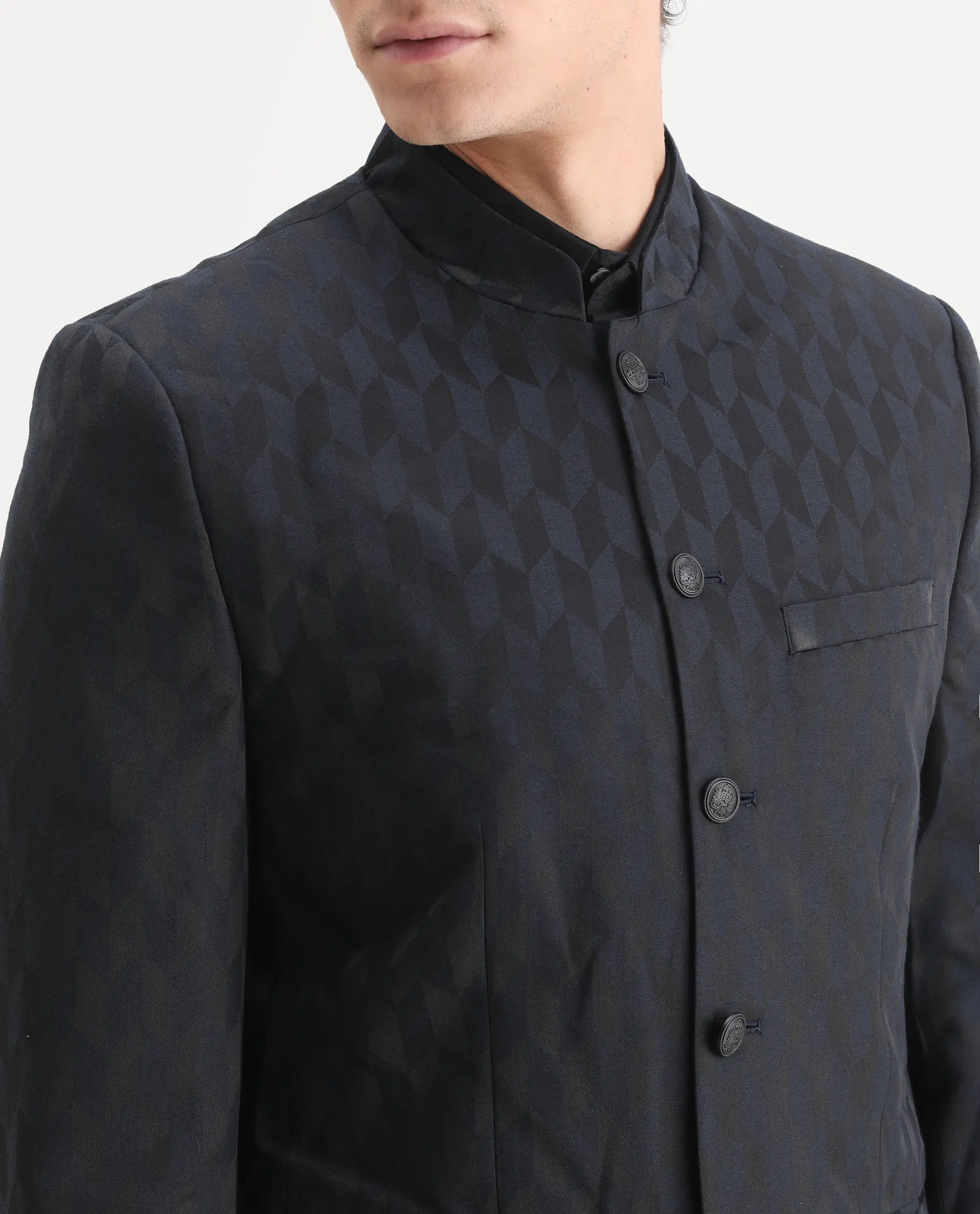 Rare Rabbit Men's Duffy Dark Navy Polyester Jacquard Tailored Fit Full Sleeve Mandarin Collar Bandhgala Jodhpuri - Image 3